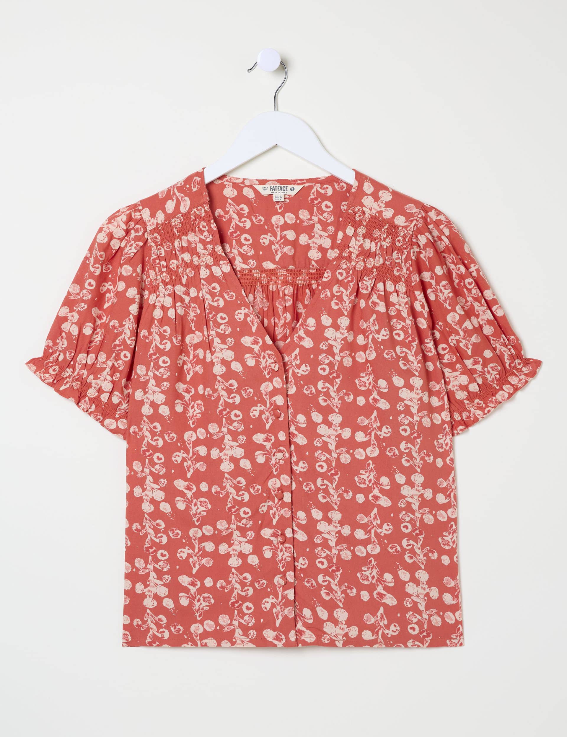 Fatface Women's Floral V-Neck Shirred Detail Blouse - 22 - Orange Mix, Orange Mix