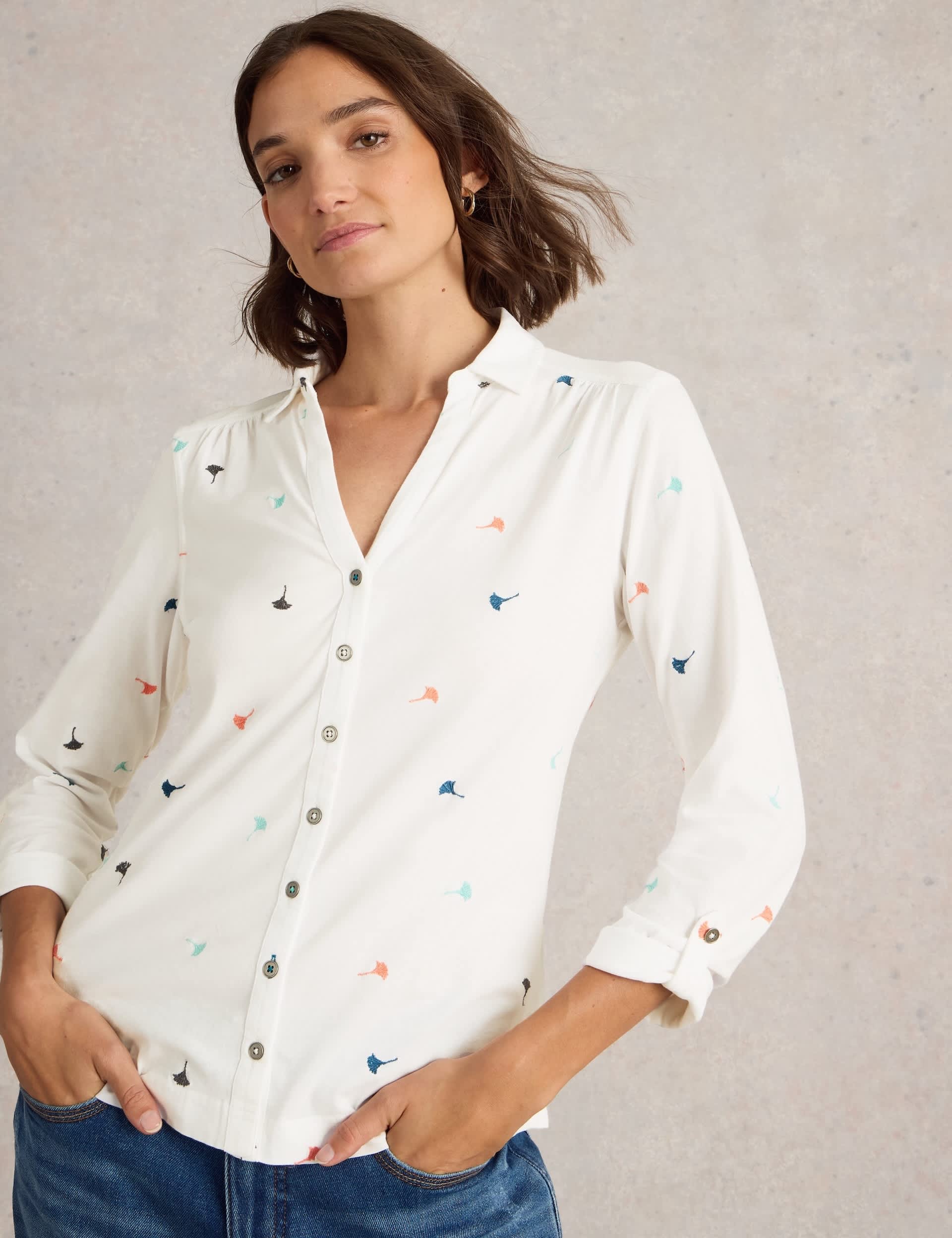 White Stuff Women's Pure Cotton Jersey Embroidered Shirt - 14 - White Mix, White Mix