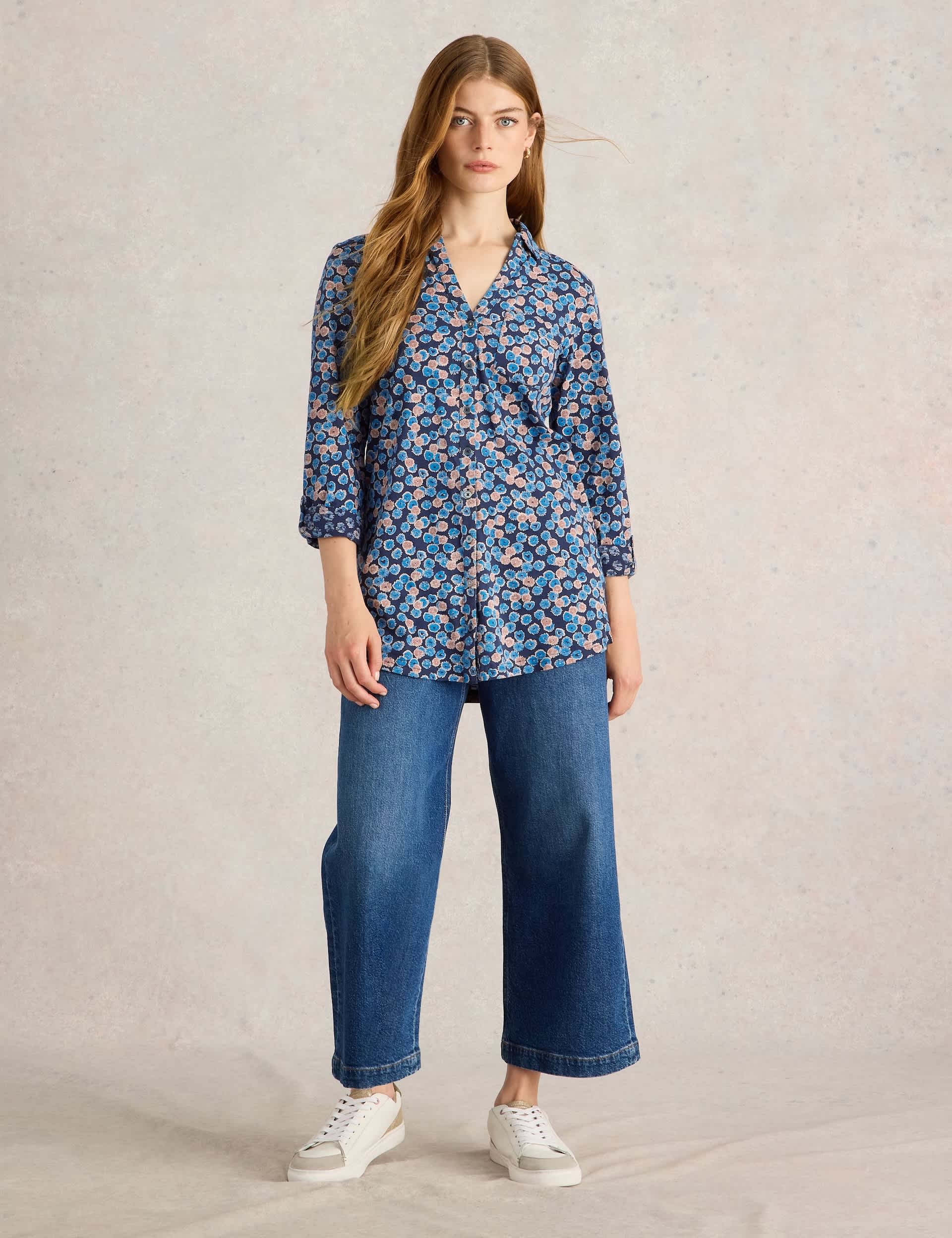 White Stuff Women's Pure Cotton Leaf Print Longline Shirt - 14 - Blue Mix, Blue Mix,Pink Mix