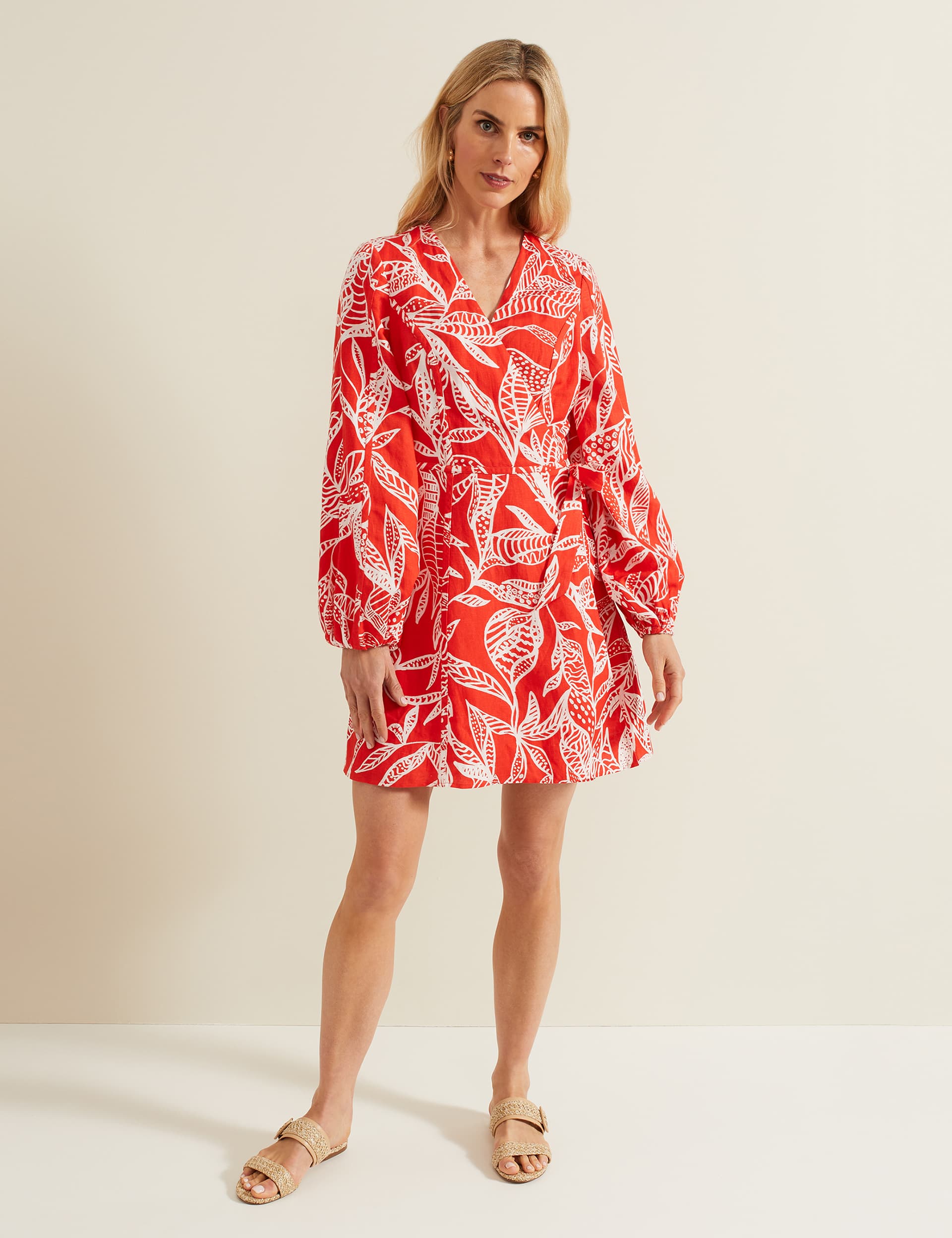 Phase Eight Women's Linen Blend Leaf Print V-Neck Mini Wrap Dress