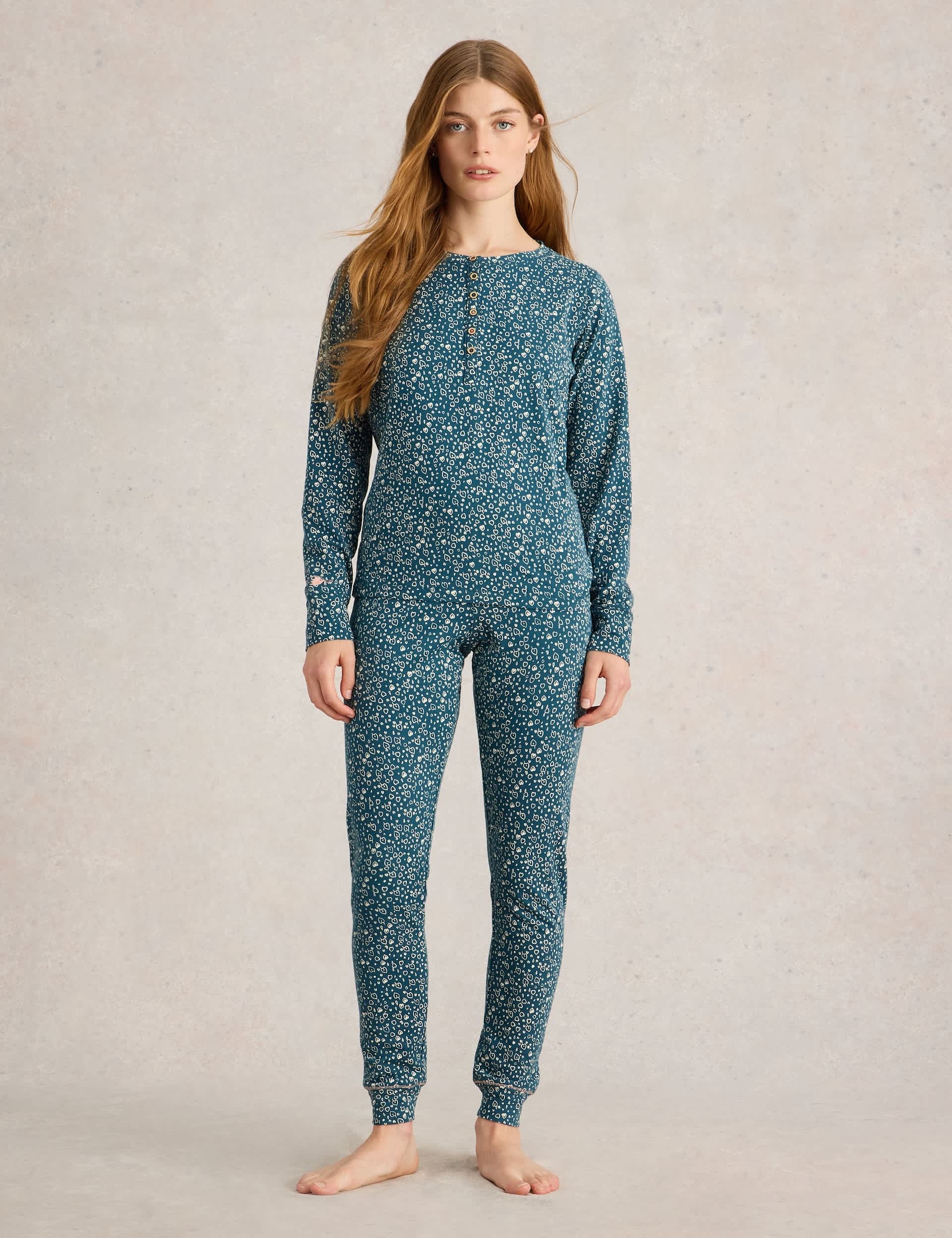 White Stuff Women's Pure Cotton Heart Pyjama Bottoms - Teal Mix, Teal Mix