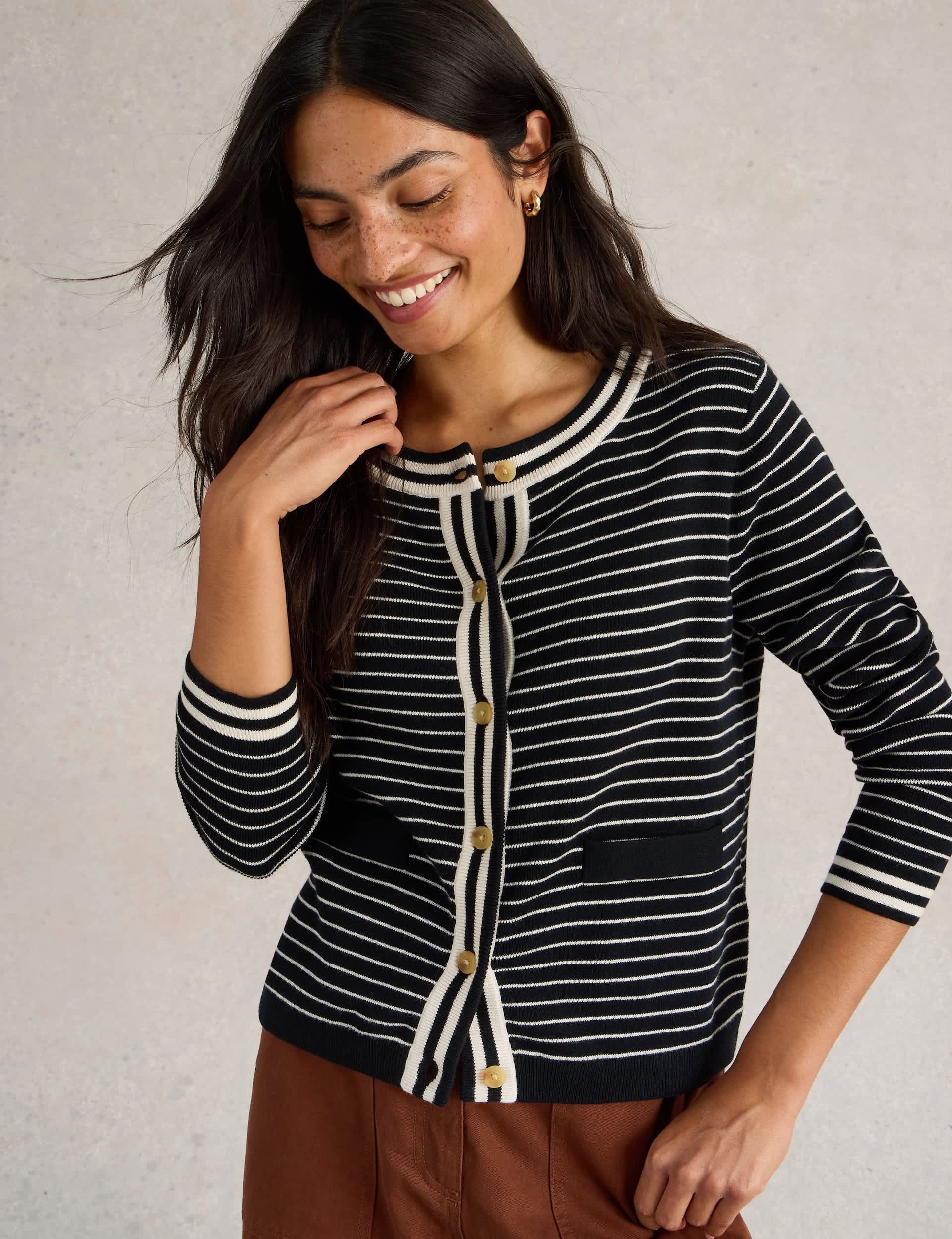 White Stuff Women's Pure Cotton Striped Button Front Cardigan - 16 - Black Mix, Black Mix