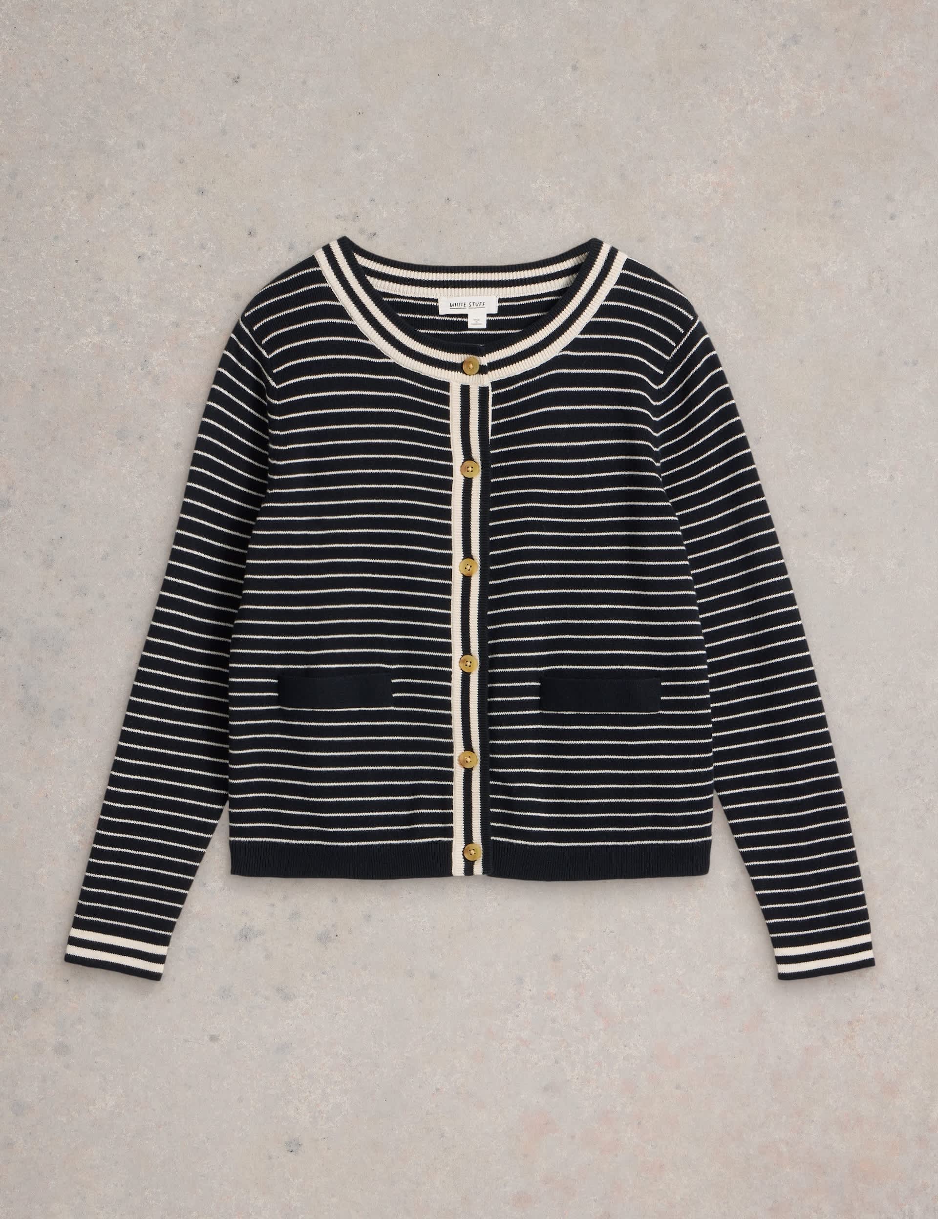 White Stuff Women's Pure Cotton Striped Button Front Cardigan - 12 - Black Mix, Black Mix