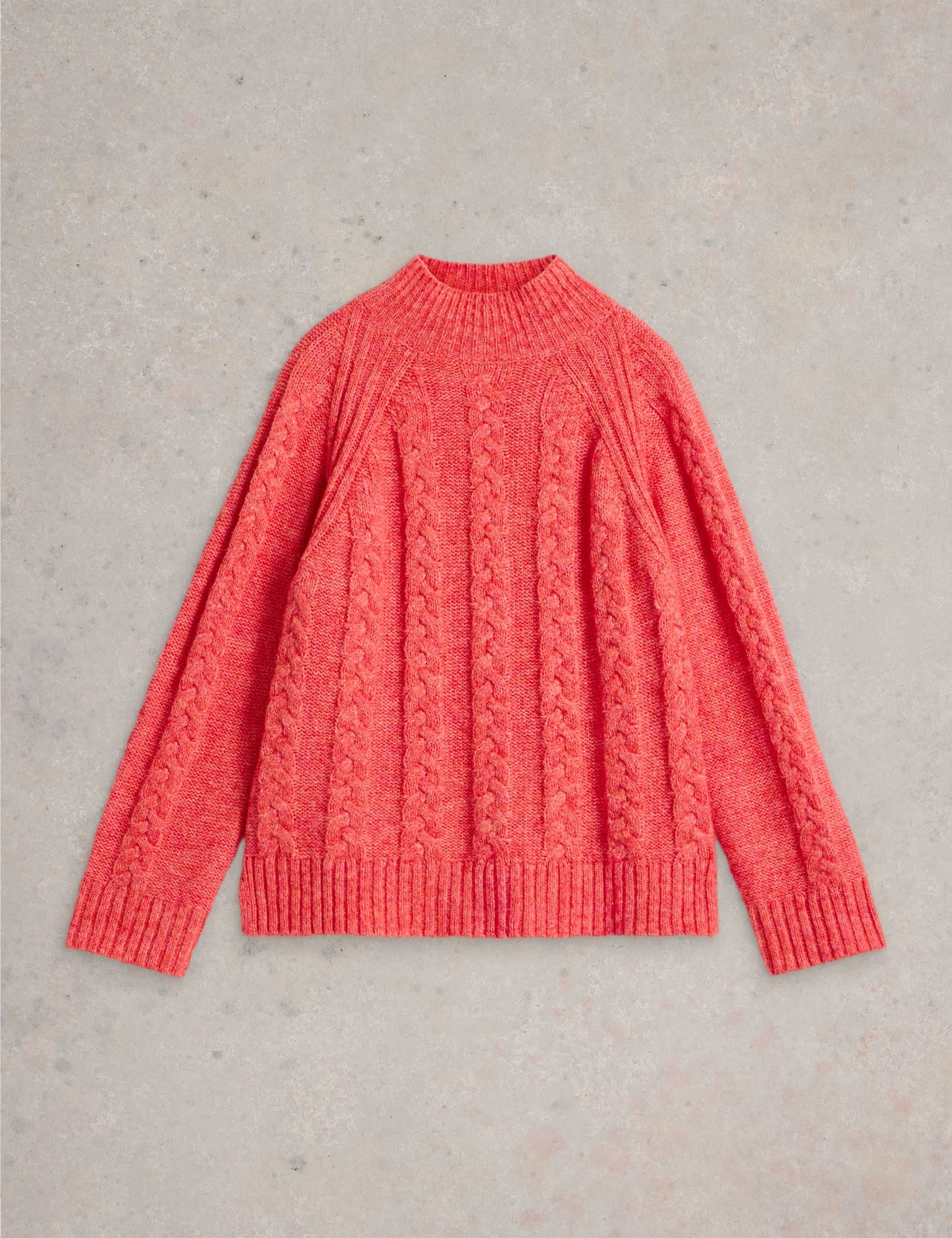 White Stuff Women's Cable Knit Funnel Neck Jumper with Wool - 10 - Red, Red