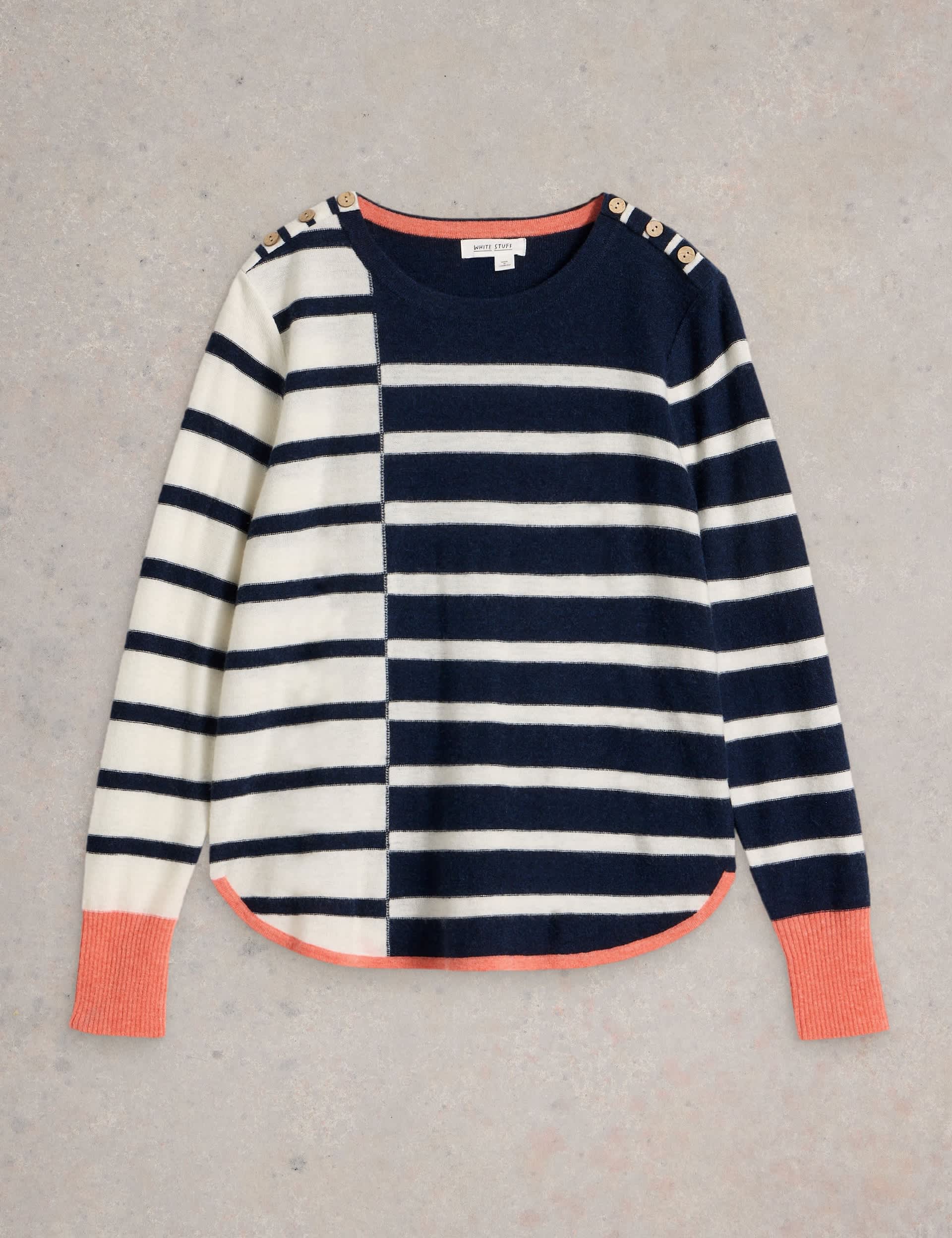 White Stuff Women's Wool Blend Striped Crew Neck Jumper - 8 - Navy Mix, Navy Mix