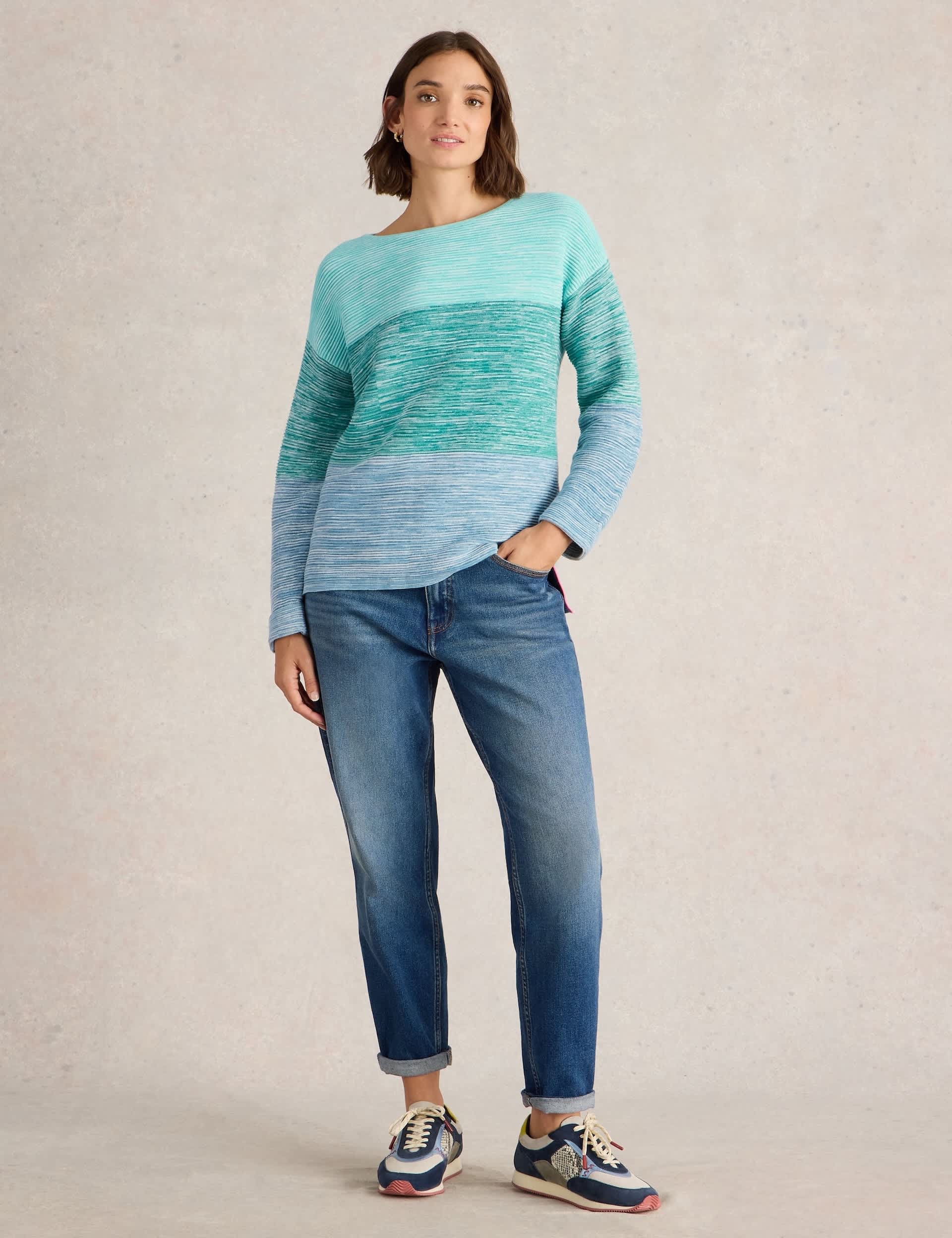 White Stuff Women's Pure Cotton Ribbed Colour Block Jumper - 12REG - Blue Mix, Blue Mix