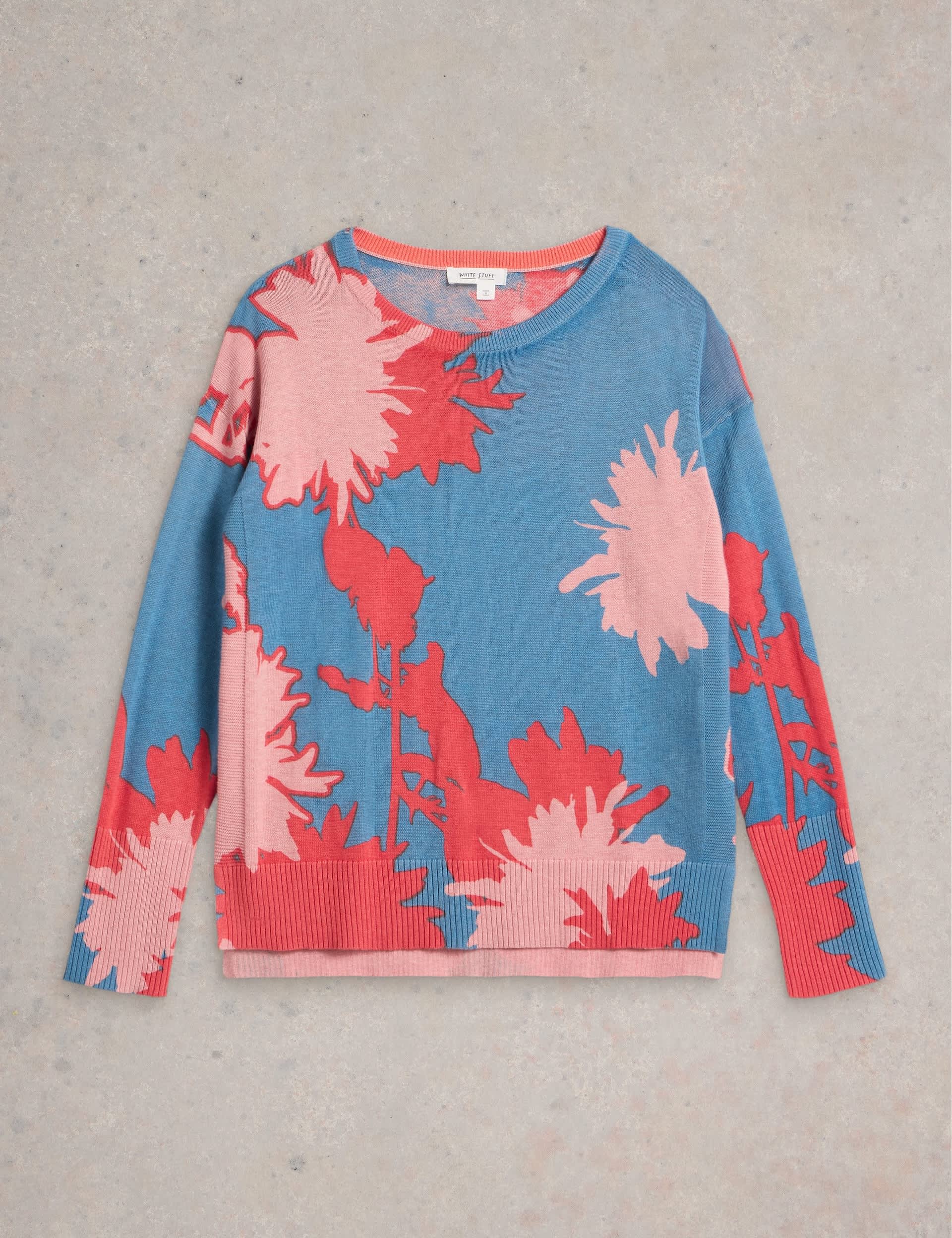 White Stuff Women's Cotton Rich Floral Jumper - 12 - Blue Mix, Blue Mix