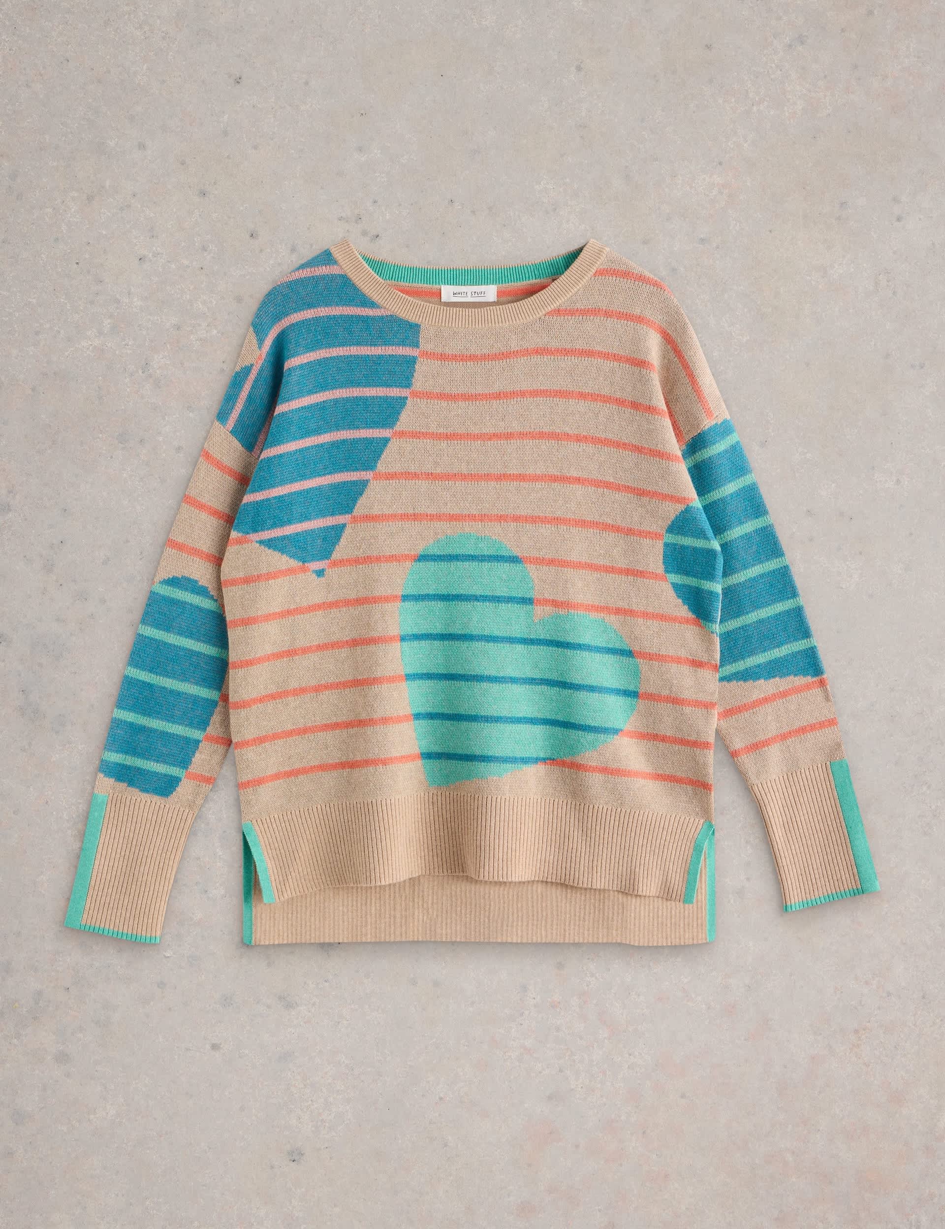 White Stuff Women's Cotton Rich Striped Heart Jumper - 12 - Natural Mix, Natural Mix