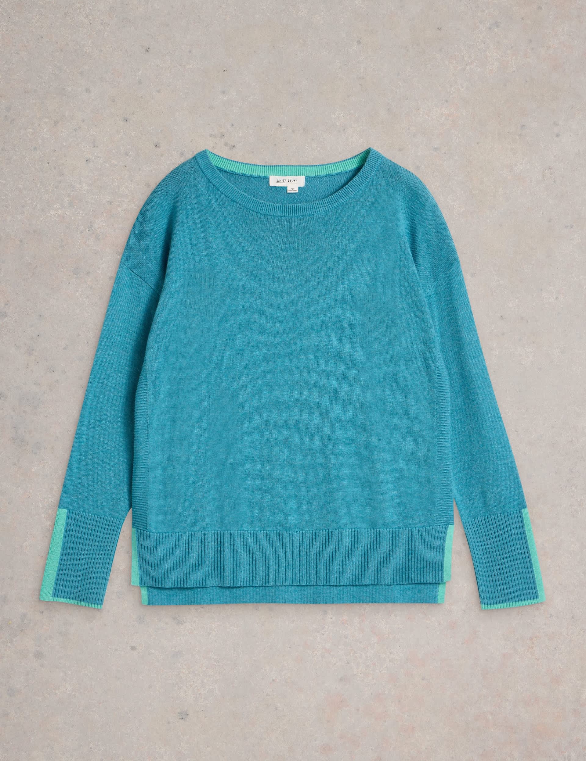 White Stuff Women's Cotton Rich Crew Neck Stepped Hem Jumper - 12 - Blue, Blue