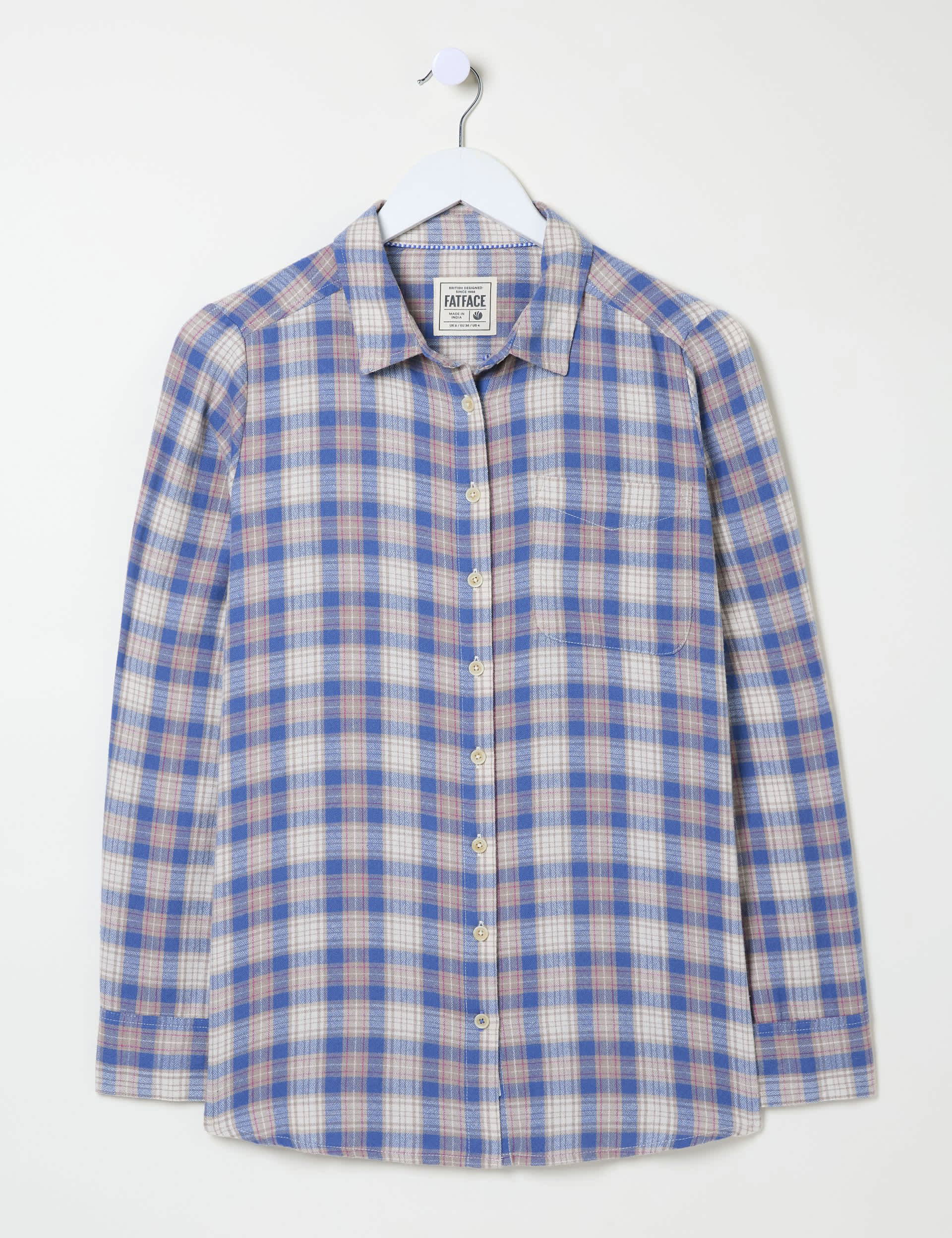 Fatface Women's Pure Cotton Checked Collared Shirt - 16 - Blue Mix, Blue Mix