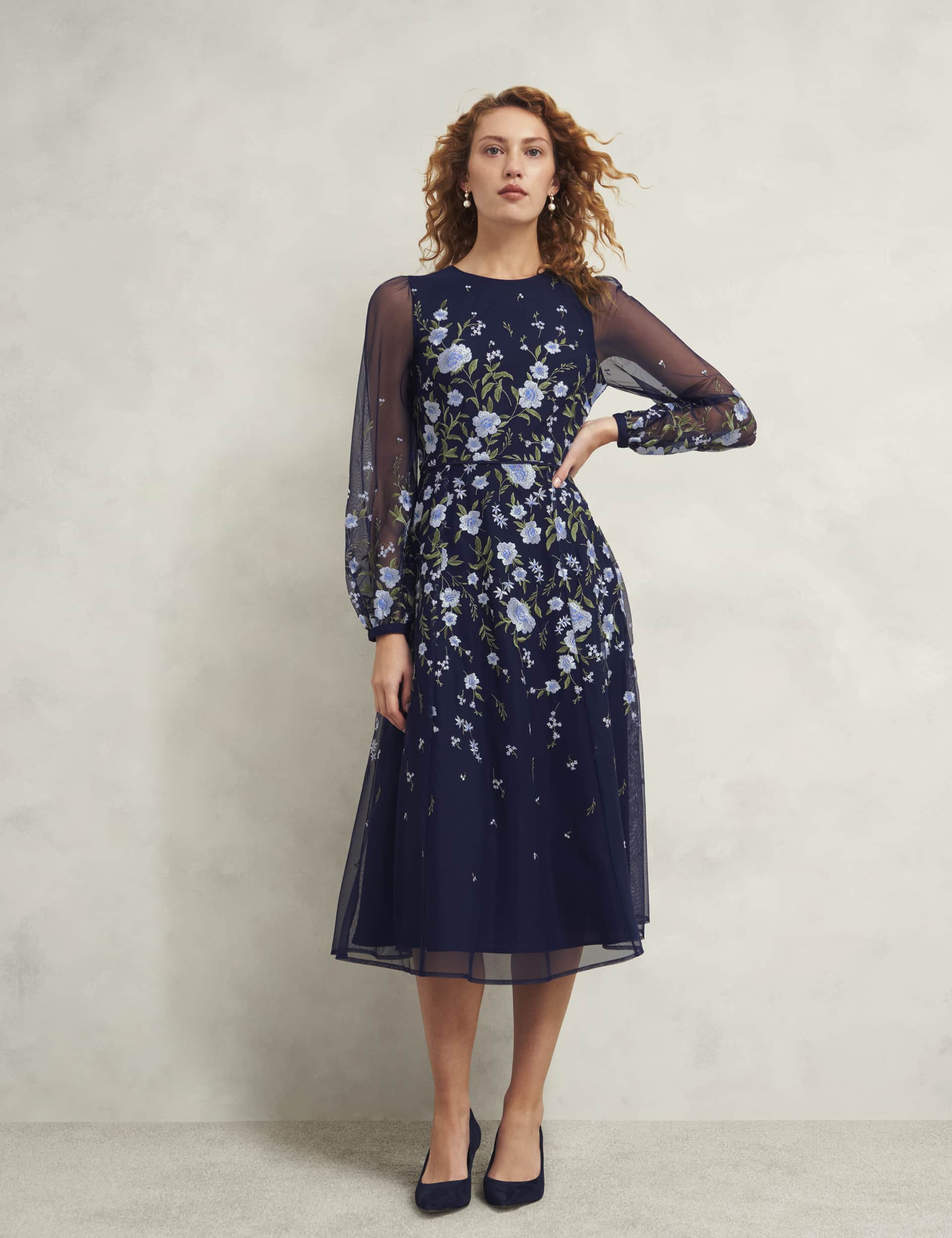 Hobbs Women's Floral Embroidered Midi Waisted Dress - 12REG - Navy Mix, Navy Mix