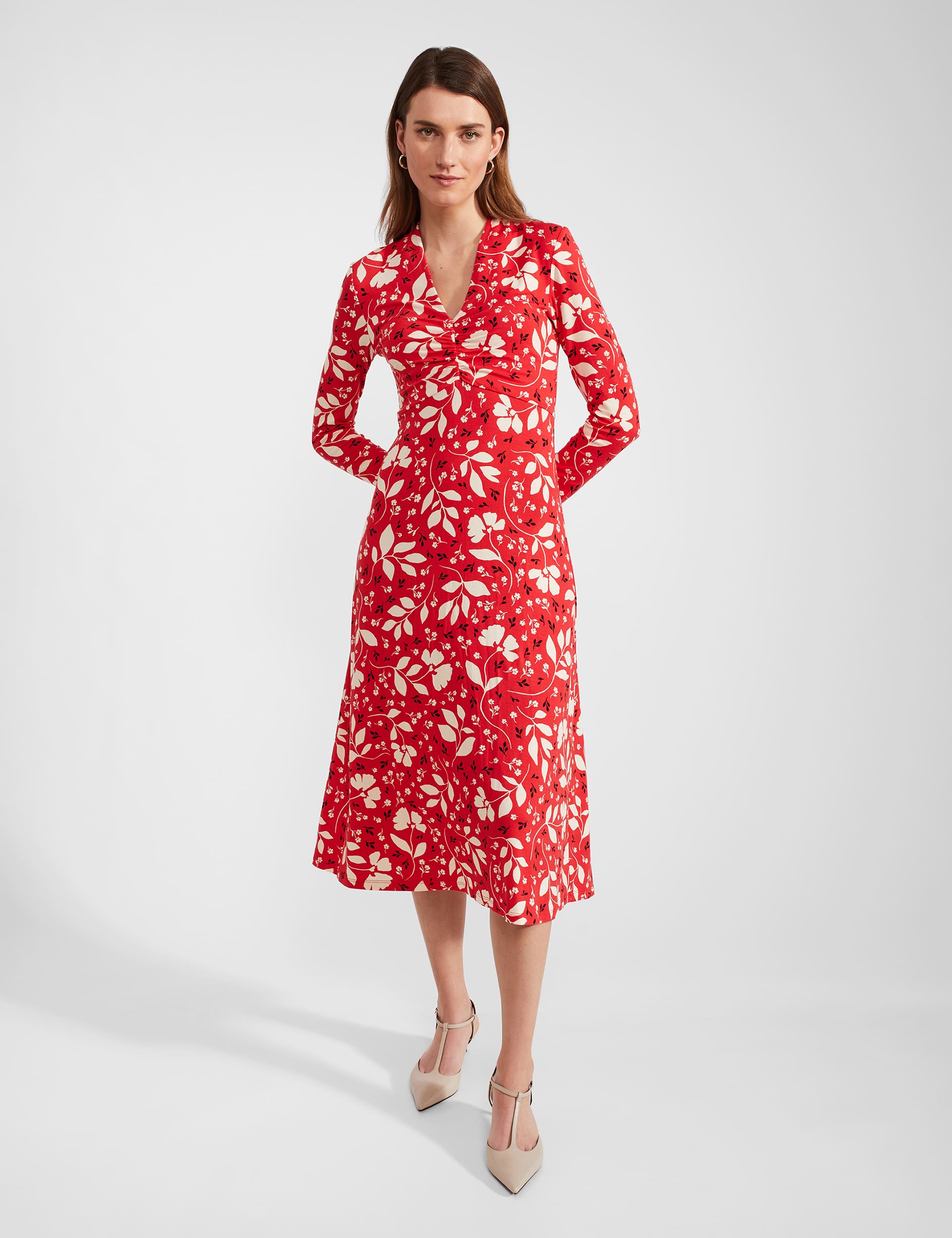 Hobbs Women's Jersey Floral V-Neck Midi Waisted Dress - 12 - Red Mix, Red Mix