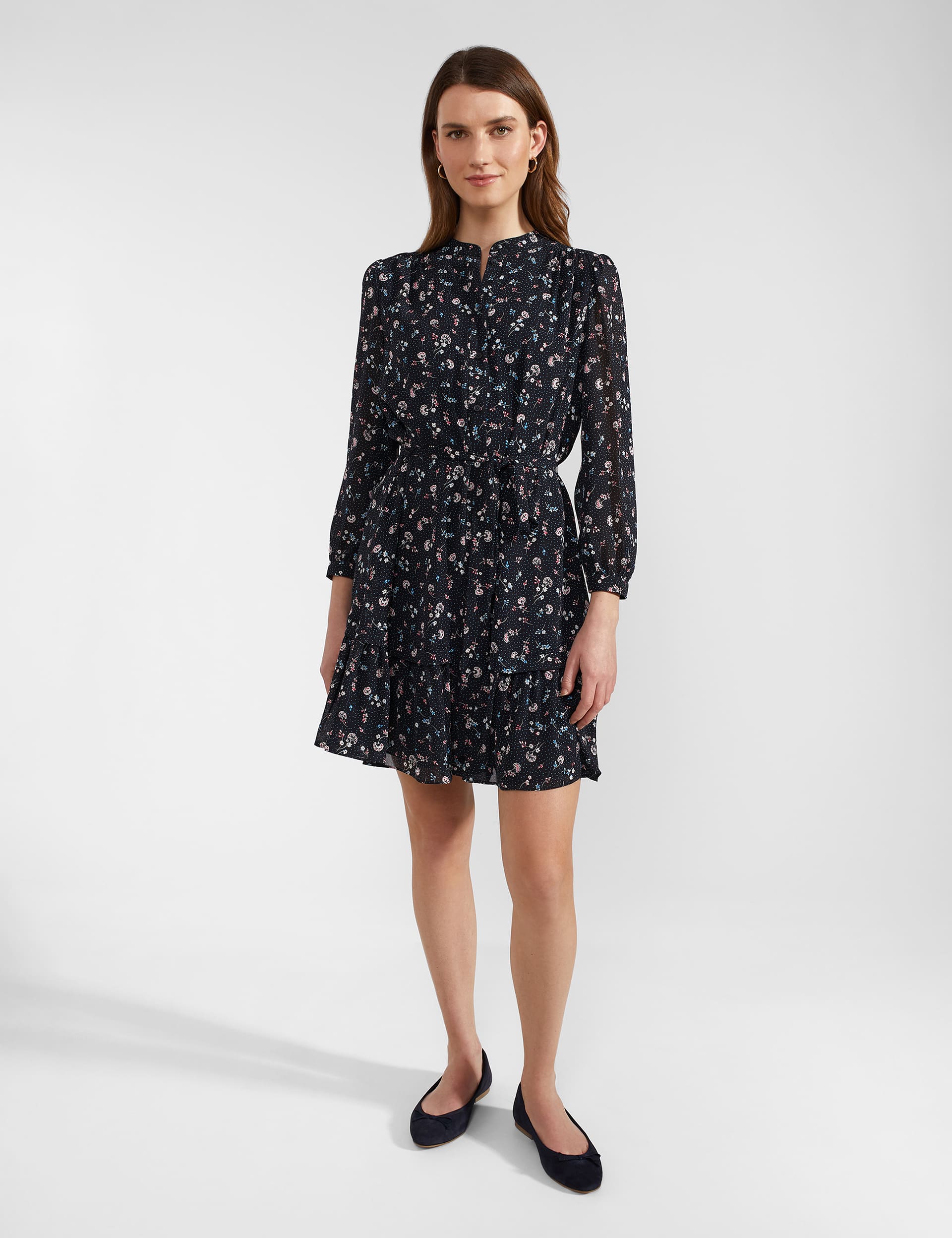 Hobbs Women's Floral High Neck Knee Length Shirt Dress - 12 - Navy Mix, Navy Mix