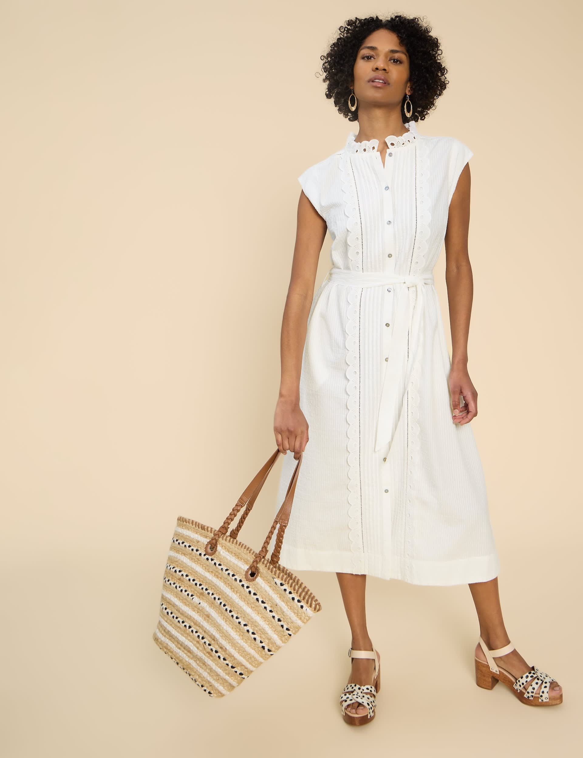 White Stuff Women's Pure Cotton Broderie Midi Shirt Dress