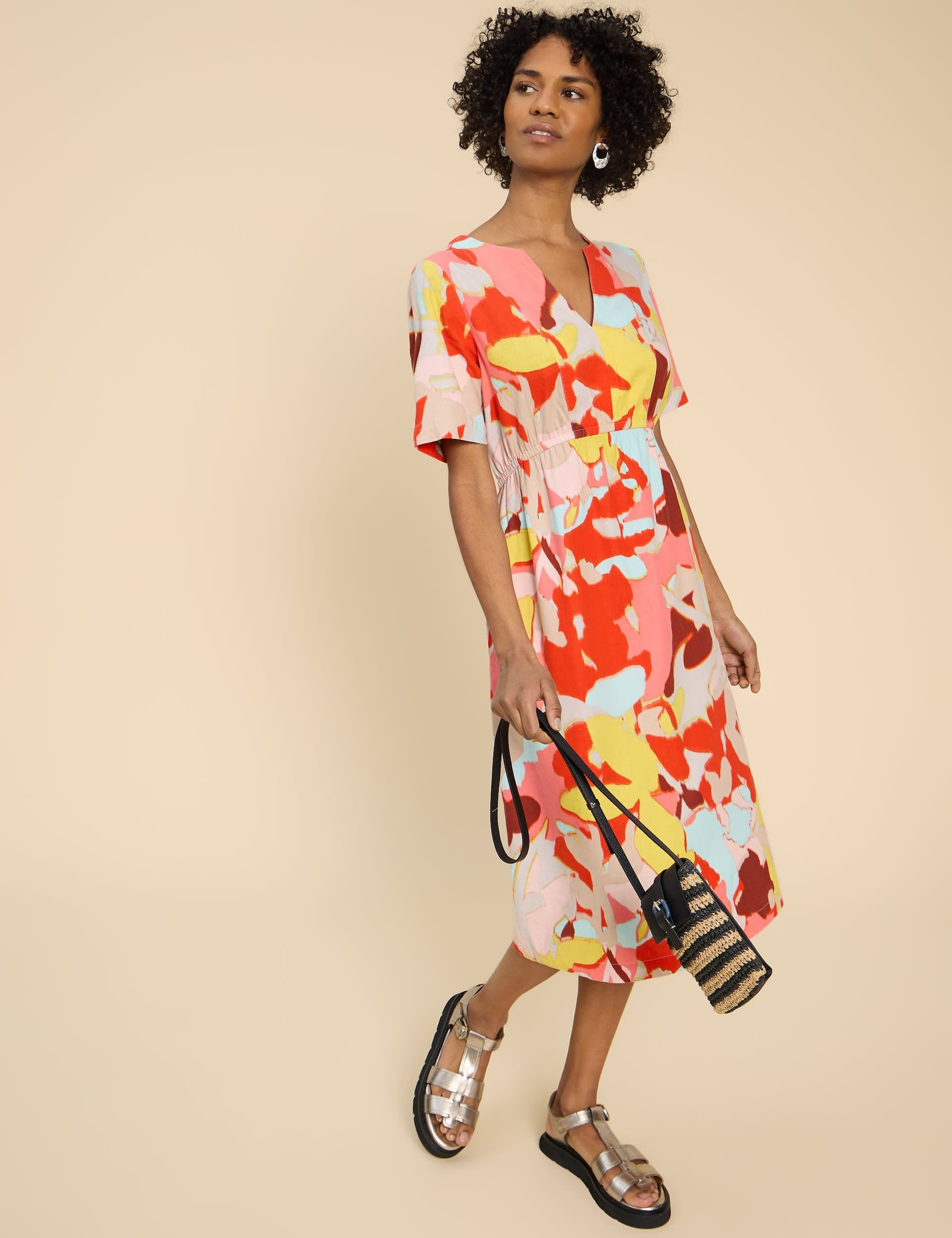 White Stuff Women's Linen Rich Printed V-Neck Midi Waisted Dress