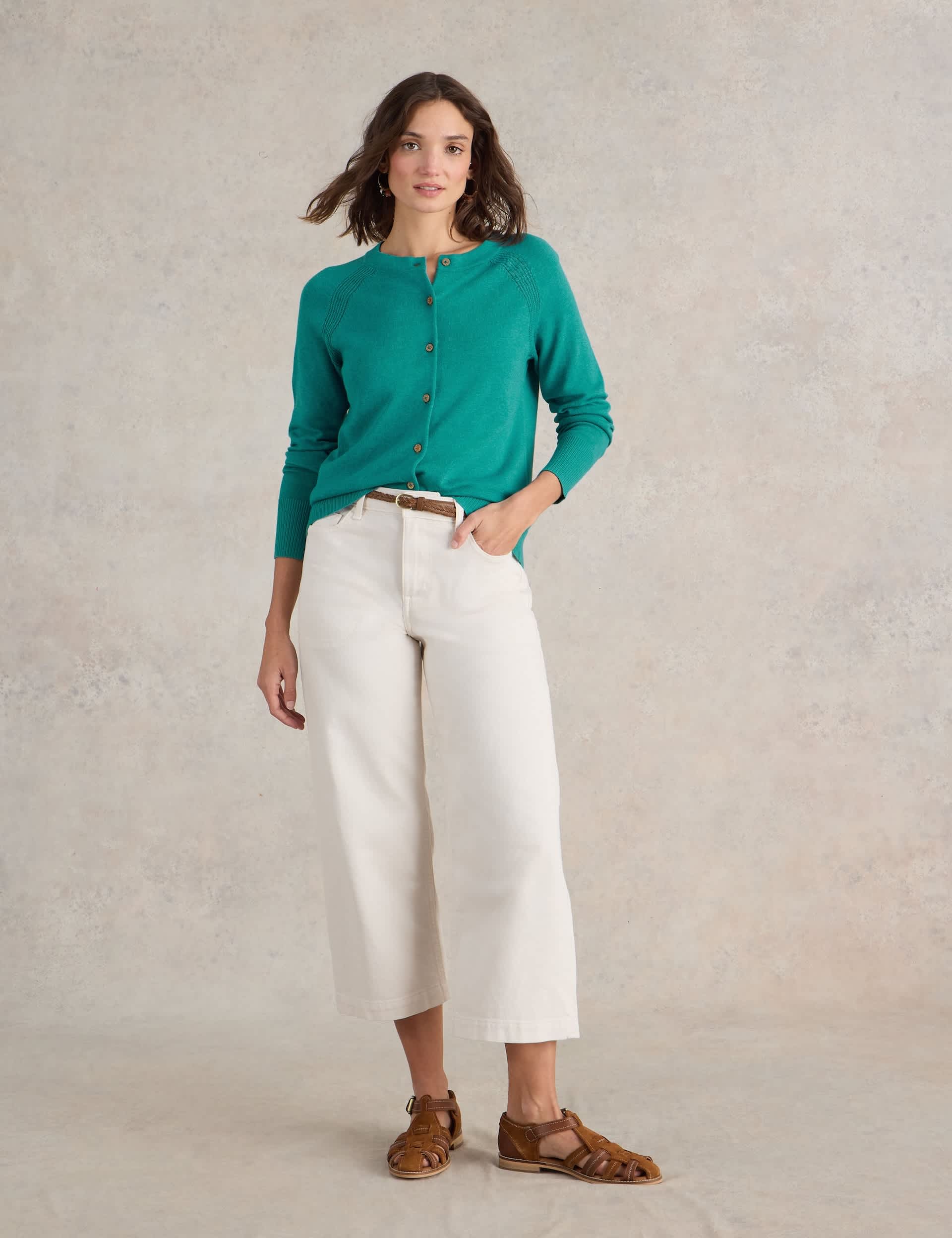 White Stuff Women's Pure Cotton Crew Neck Button Front Cardigan