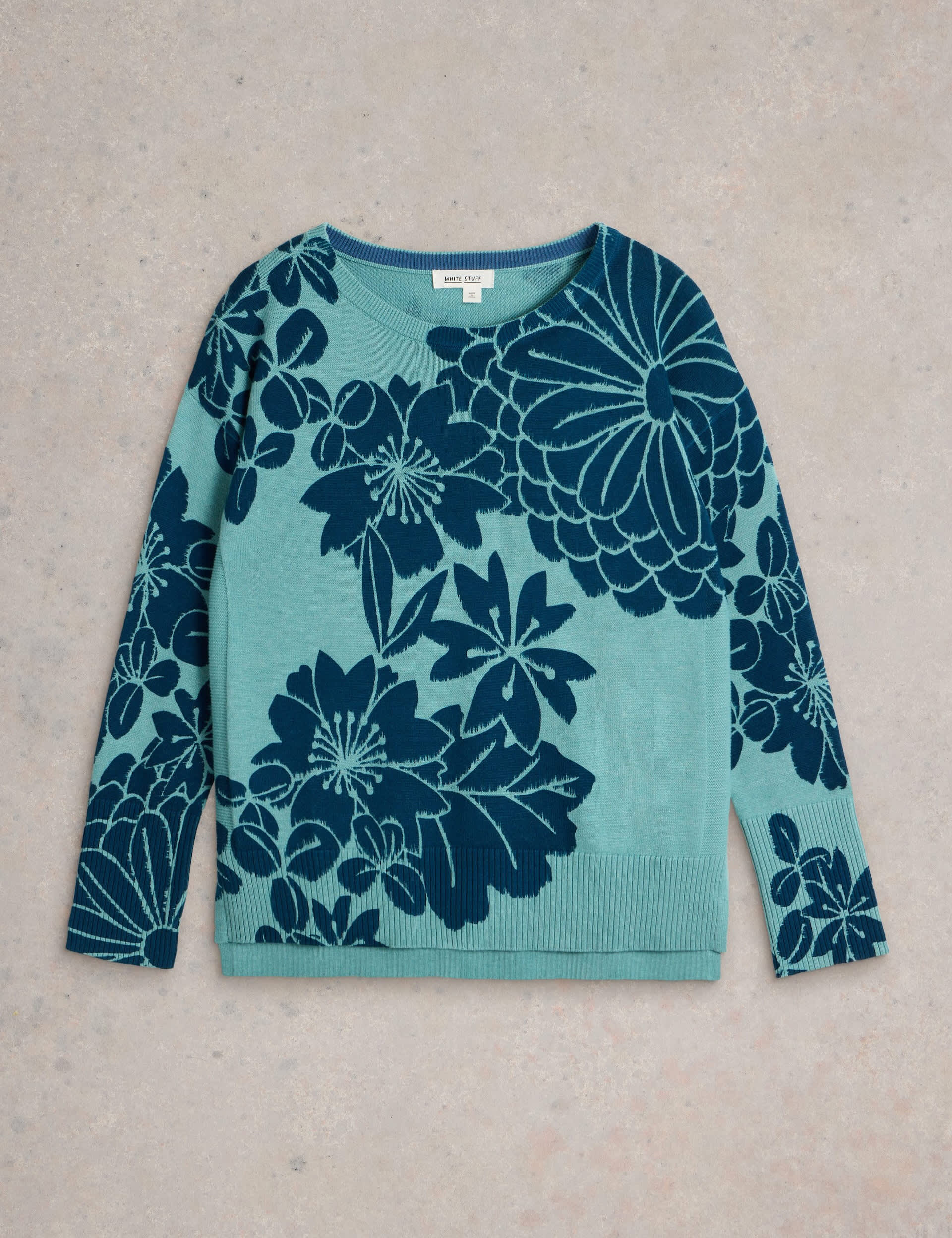 White Stuff Women's Cotton Rich Floral Crew Neck Jumper - 8 - Blue Mix, Blue Mix