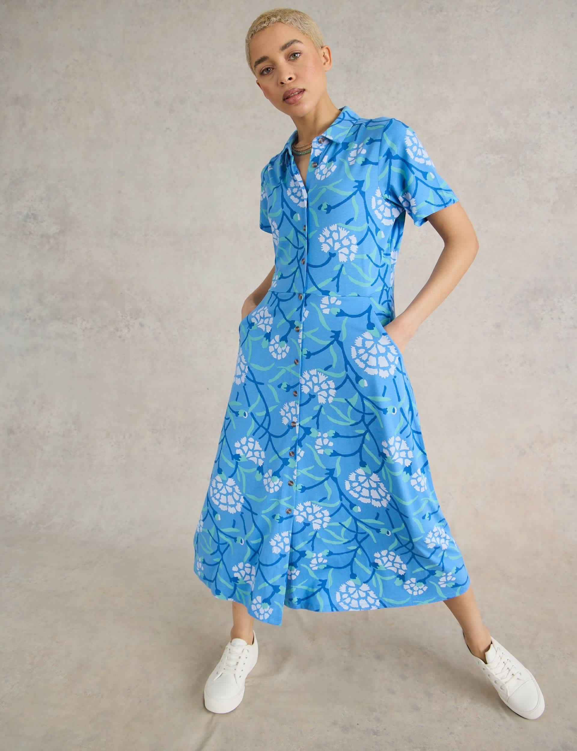 White Stuff Women's Jersey Floral Midi Shirt Dress - 8REG - Blue Mix, Blue Mix