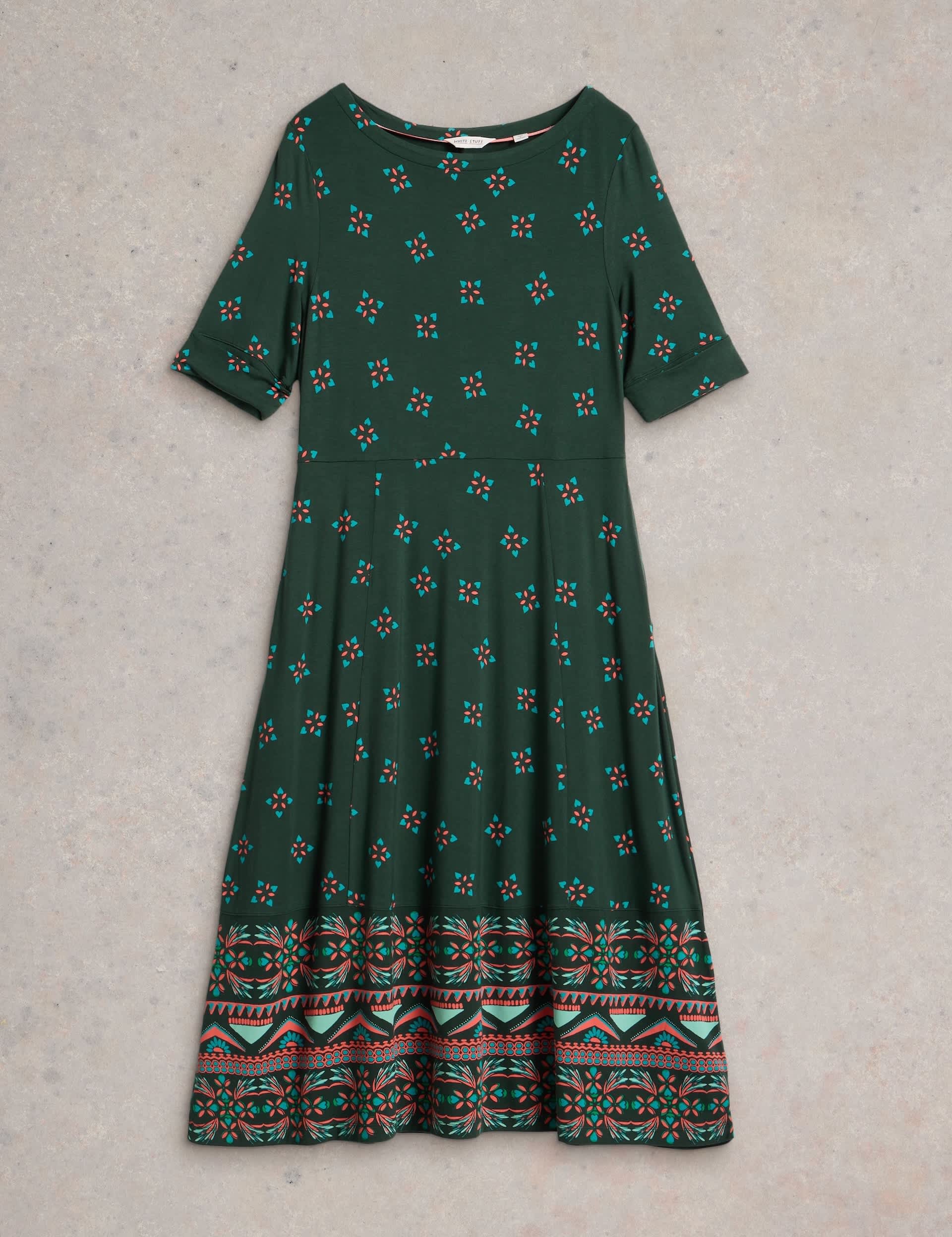 White Stuff Women's Jersey Printed Round Neck Midi Tea Dress - 12REG - Green Mix, Green Mix