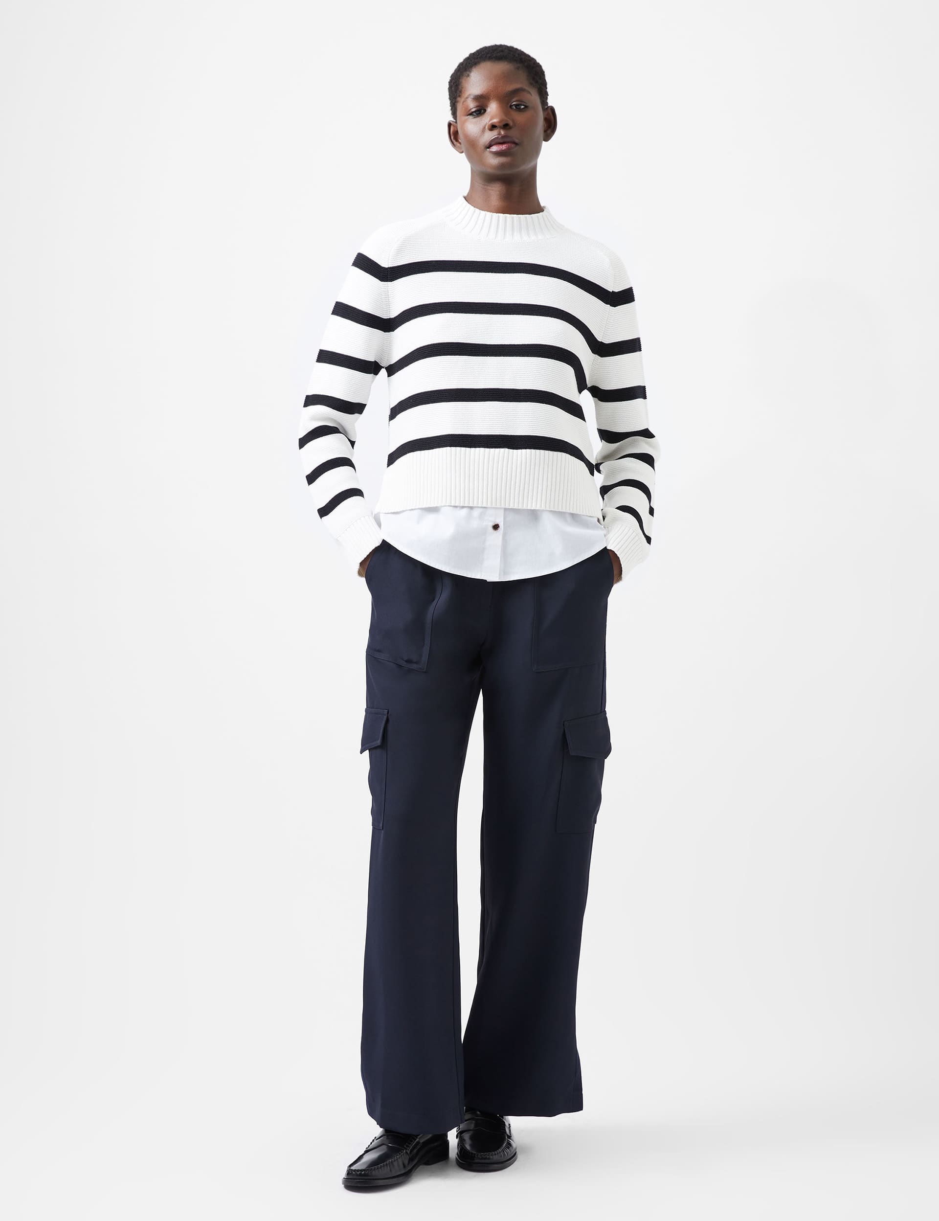 French Connection Women's Pure Cotton Striped Jumper - White Mix, White Mix