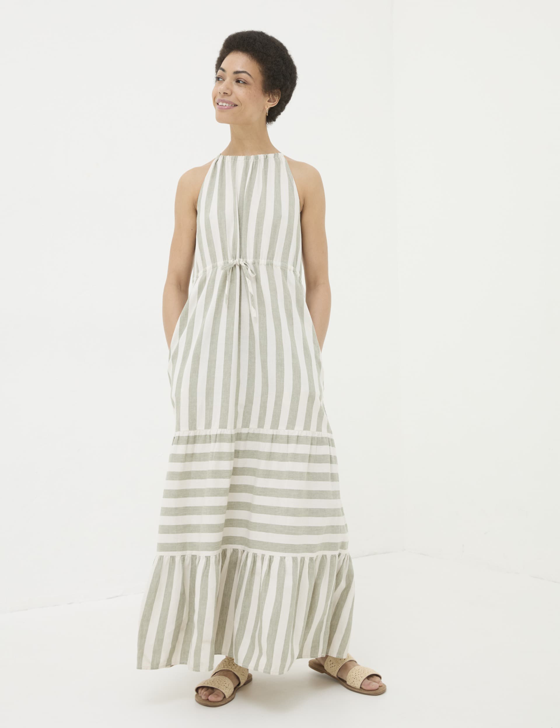 Fatface Women's Linen Rich Striped Maxi Tiered Dress