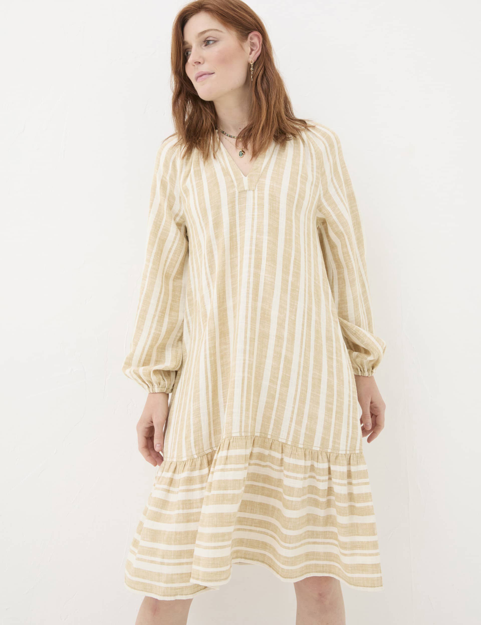 Fatface Women's Linen Rich Striped V-Neck Smock Dress