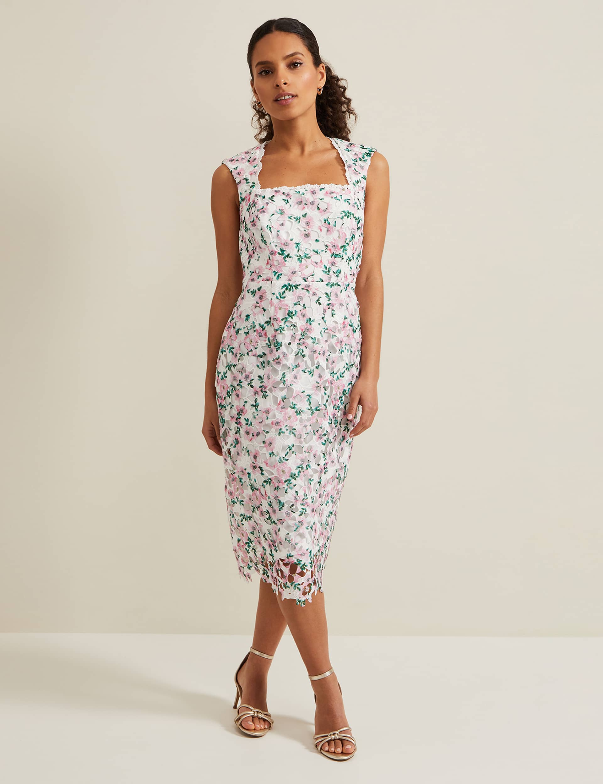 Phase Eight Women's Floral Lace Square Neck Midi Column Dress