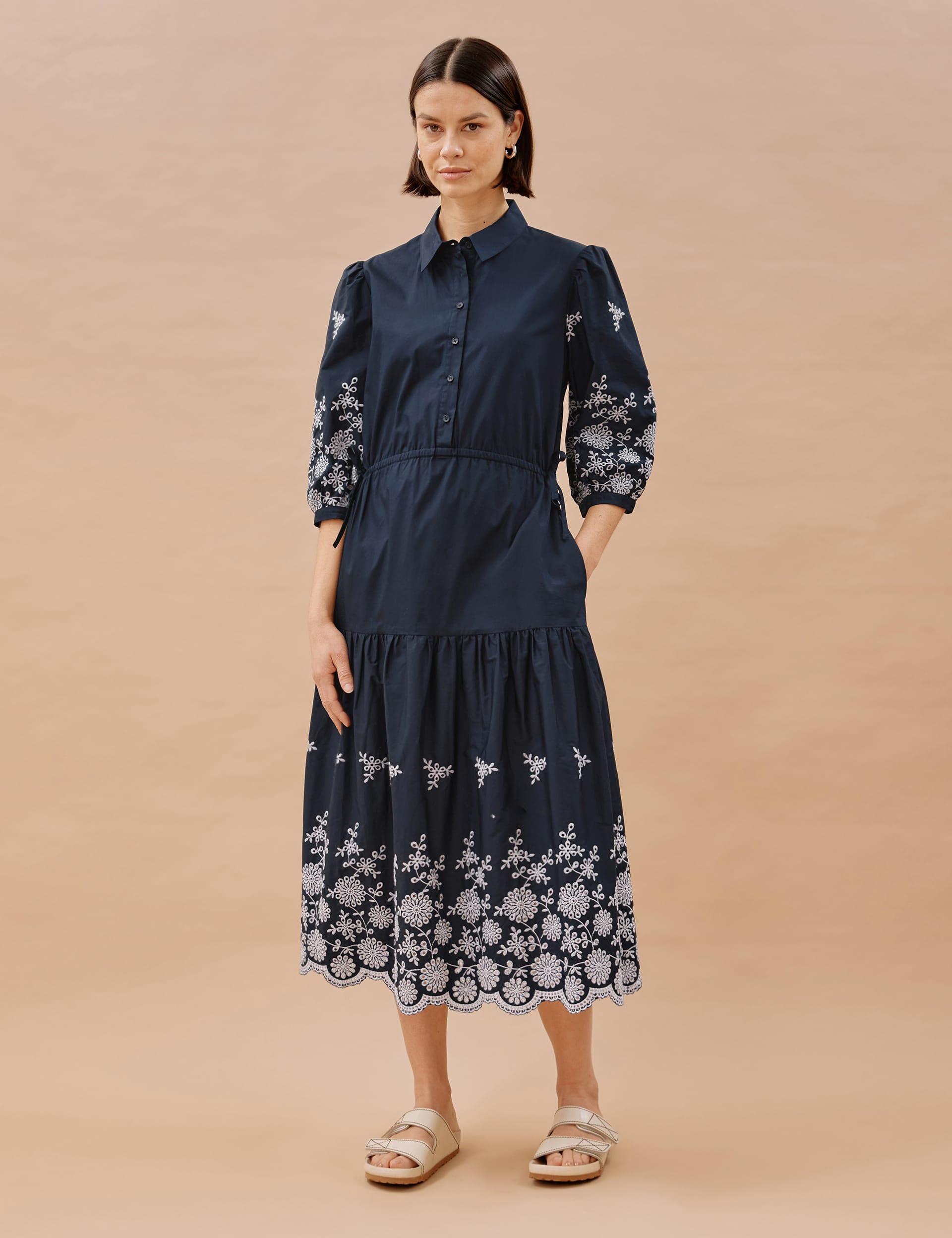 Albaray Women's Organic Cotton Broderie Midi Shirt Dress - 10 - Navy Mix, Navy Mix