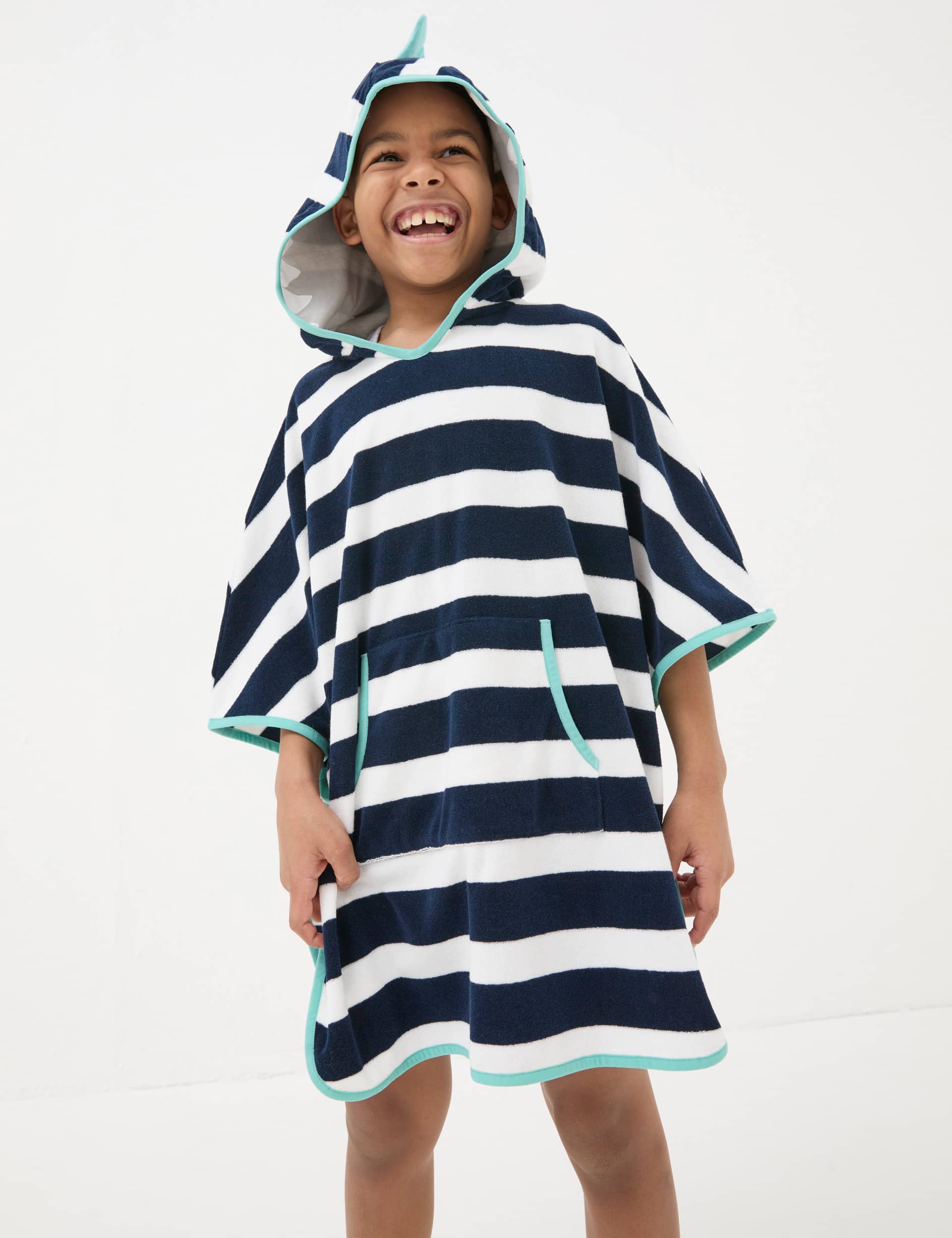 Fatface Boys Pure Cotton Striped Hooded Poncho - Navy Mix, Navy Mix