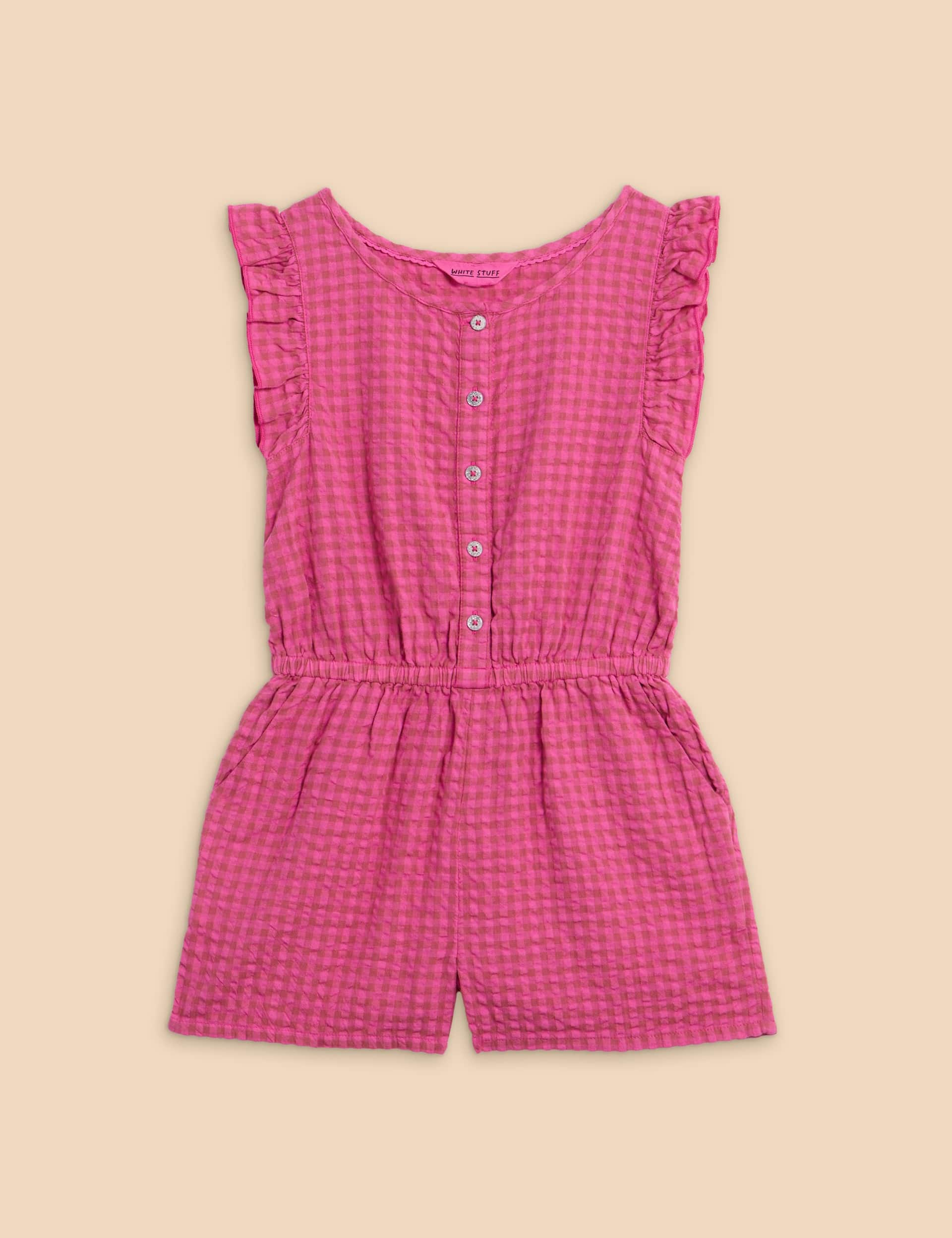 White Stuff Girls Pure Cotton Gingham Playsuit (3-10 Yrs) - 5-6 Y - Pink Mix, Pink Mix