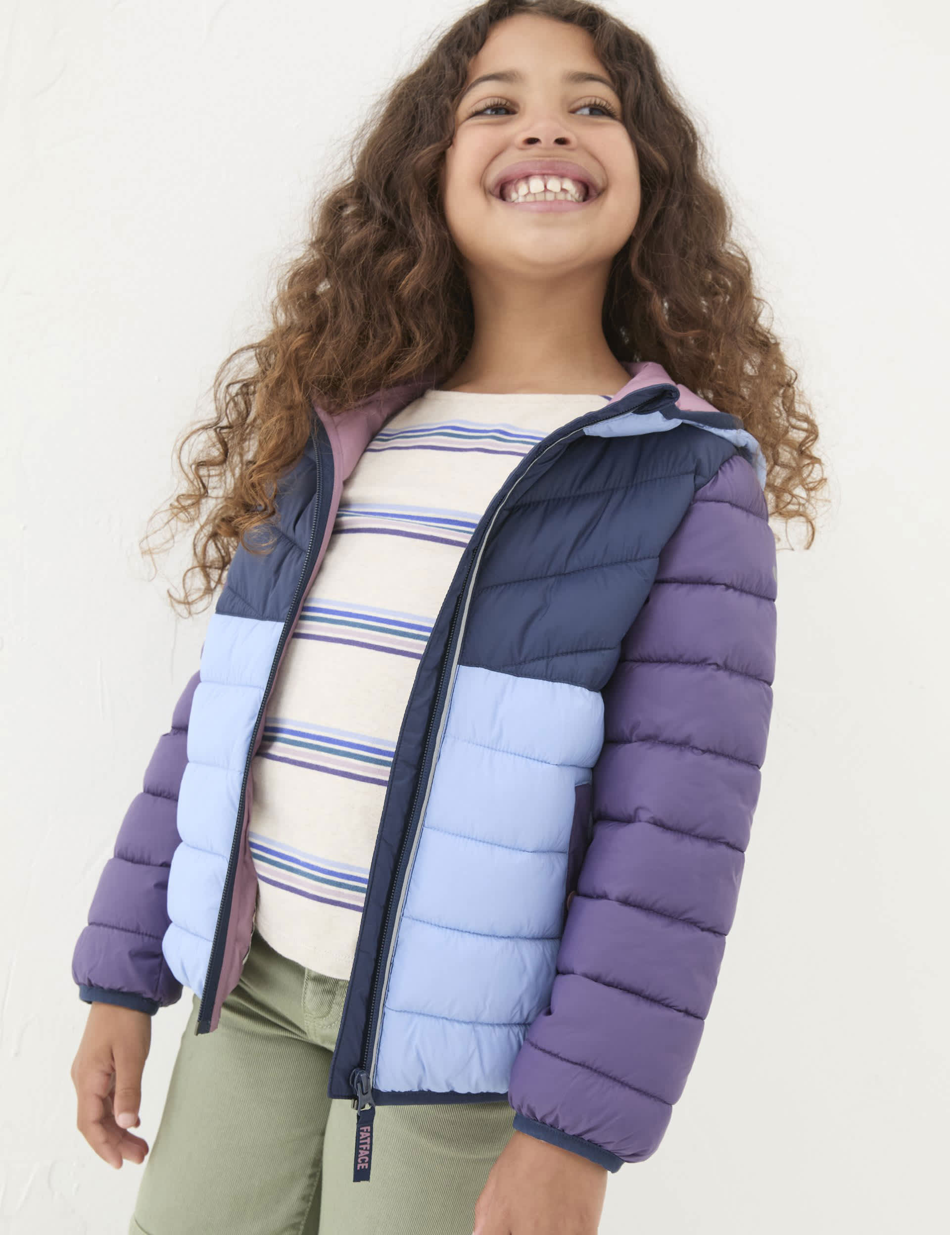 Fatface Girls Colour-Block Hooded Padded Jacket (3-13 Yrs) - 6-7 Y - Purple Mix, Purple Mix