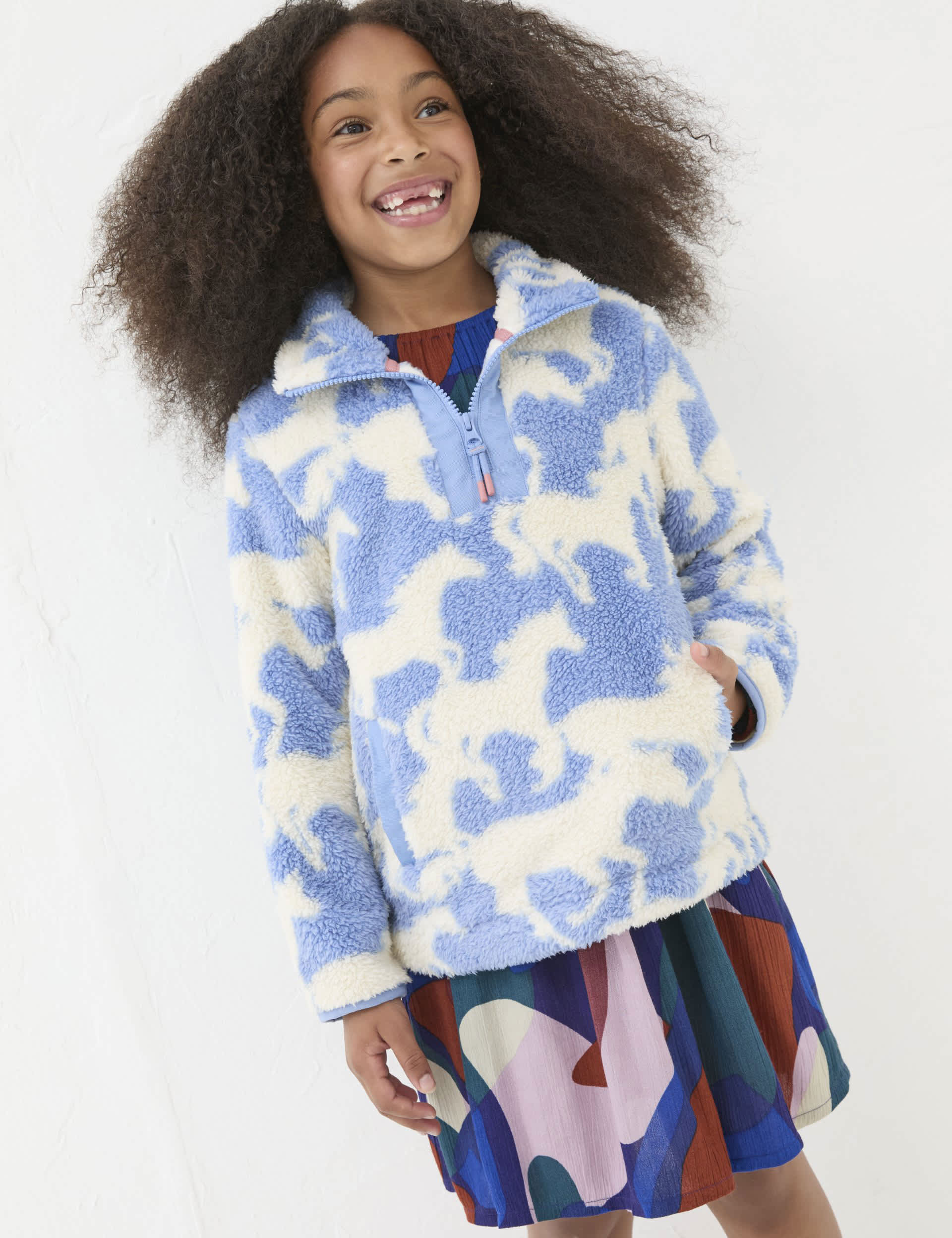 Fatface Girls Horse Print Half Zip Fleece Top (3-13 Yrs) - 9-10Y - Blue Mix, Blue Mix