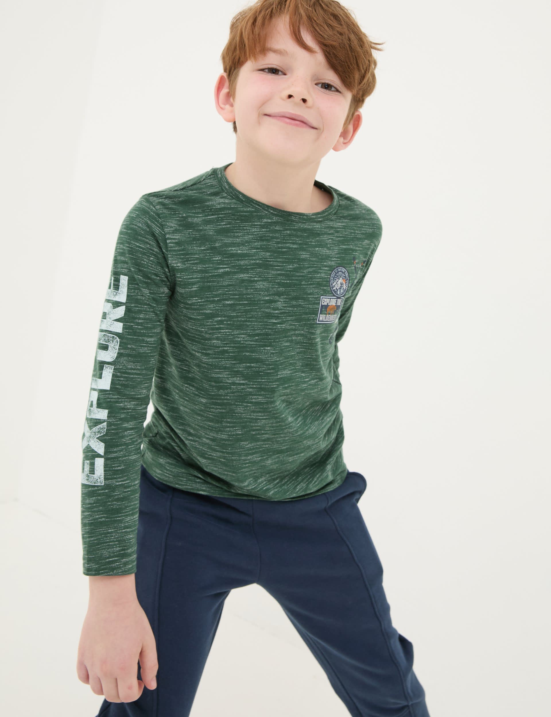 Fatface Boys Cotton Rich Explore Top (3-13 Yrs) - 5-6 Y - Dark Green Mix, Dark Green Mix