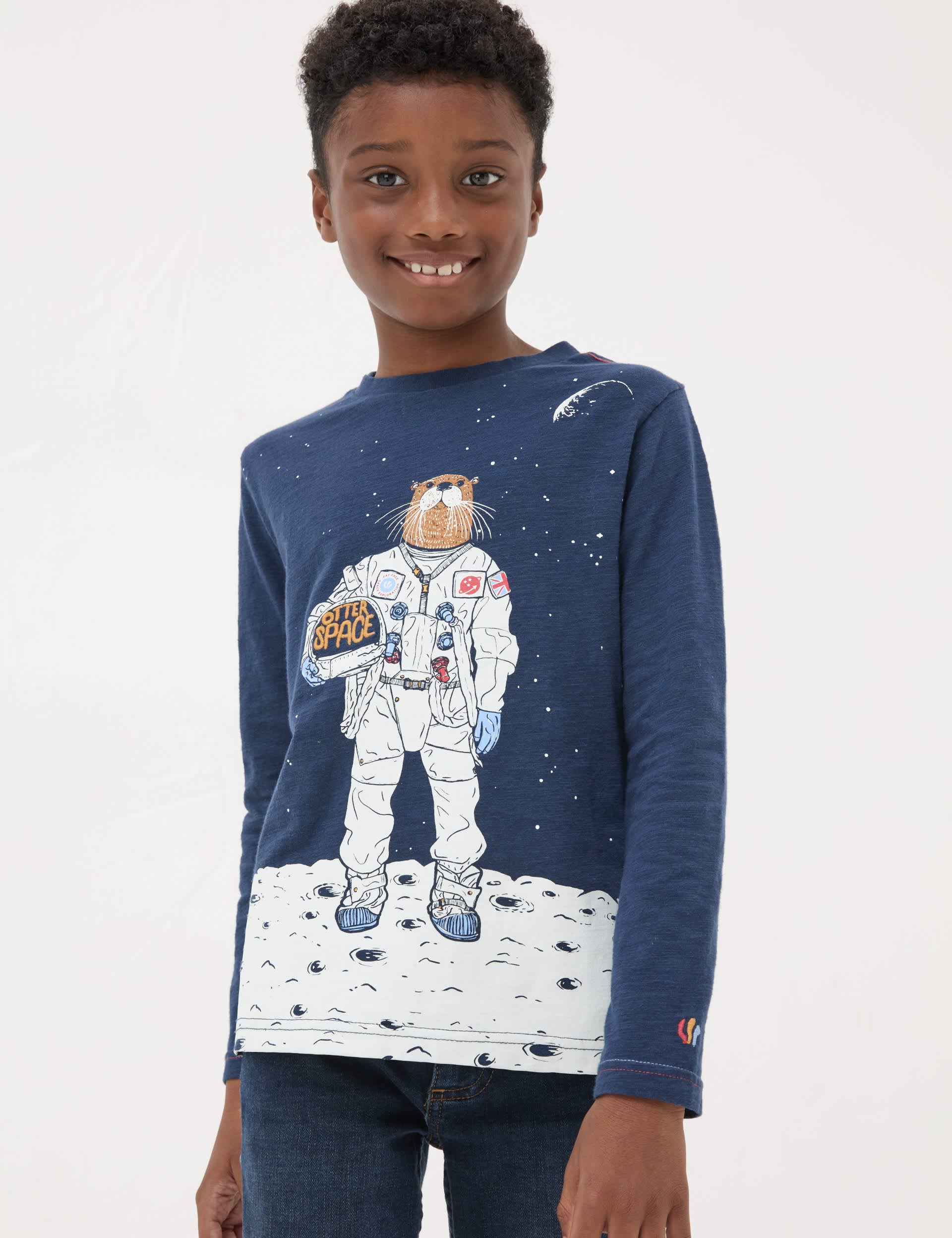 Fatface Boys Pure Cotton Space Otter Top (3-13 Yrs) - 11-12 - Navy Mix, Navy Mix