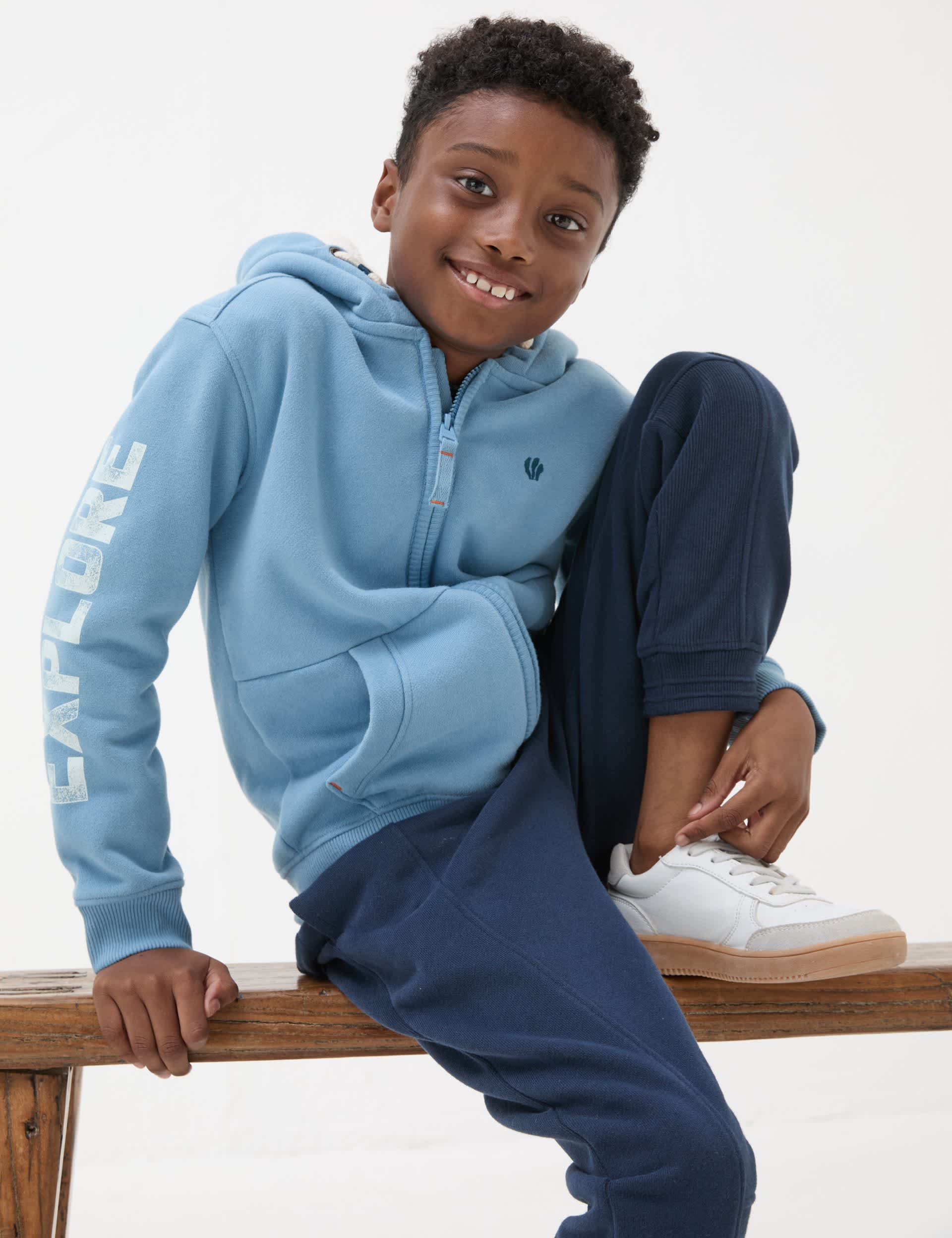 Fatface Boys Cotton Rich Explore Slogan Zip Hoodie (3-13 Yrs) - 8-9 Y - Blue Mix, Blue Mix