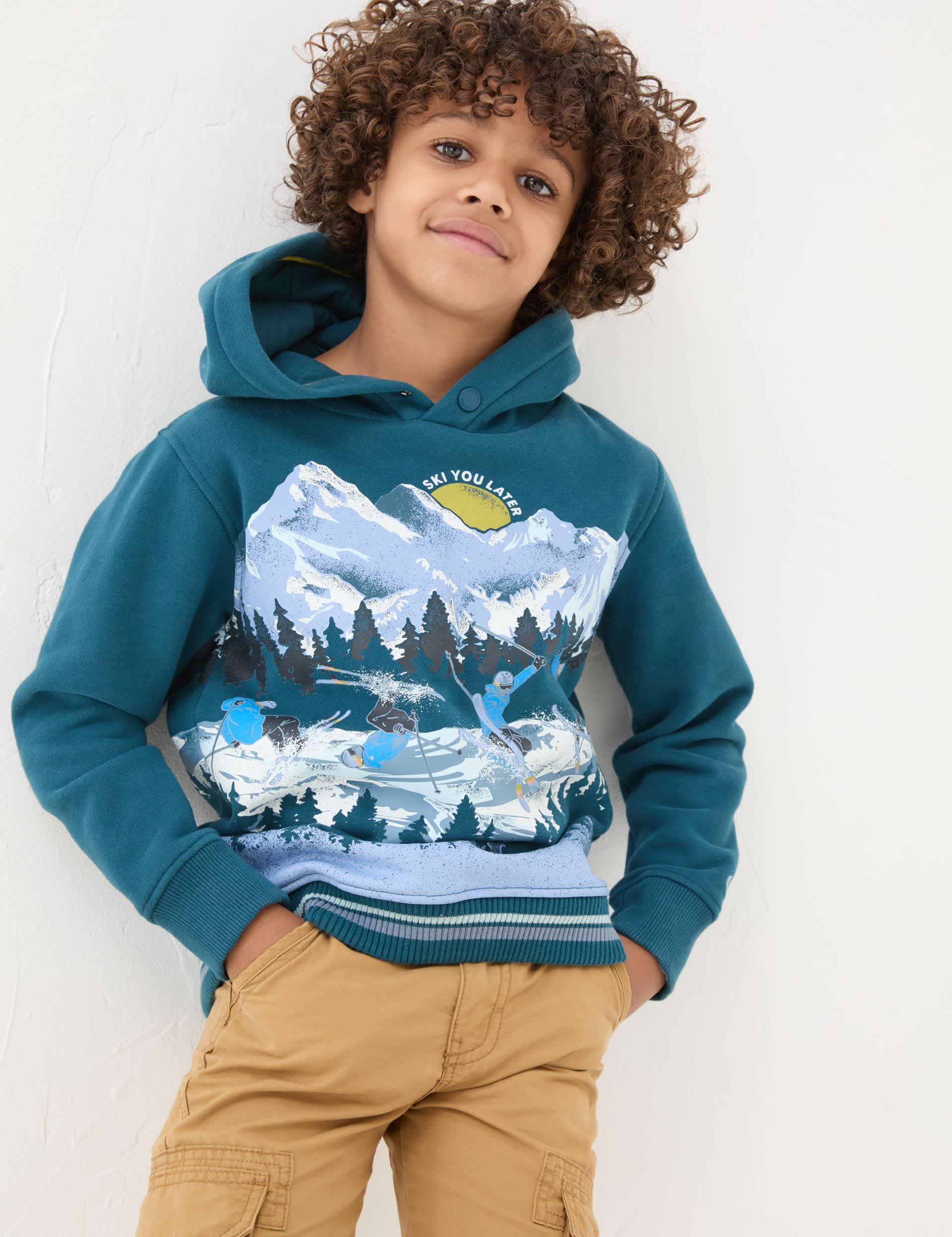 Fatface Boys Cotton Rich Mountain Print Hooded Jumper (3-13 Yrs) - 8-9 Y - Teal Mix, Teal Mix