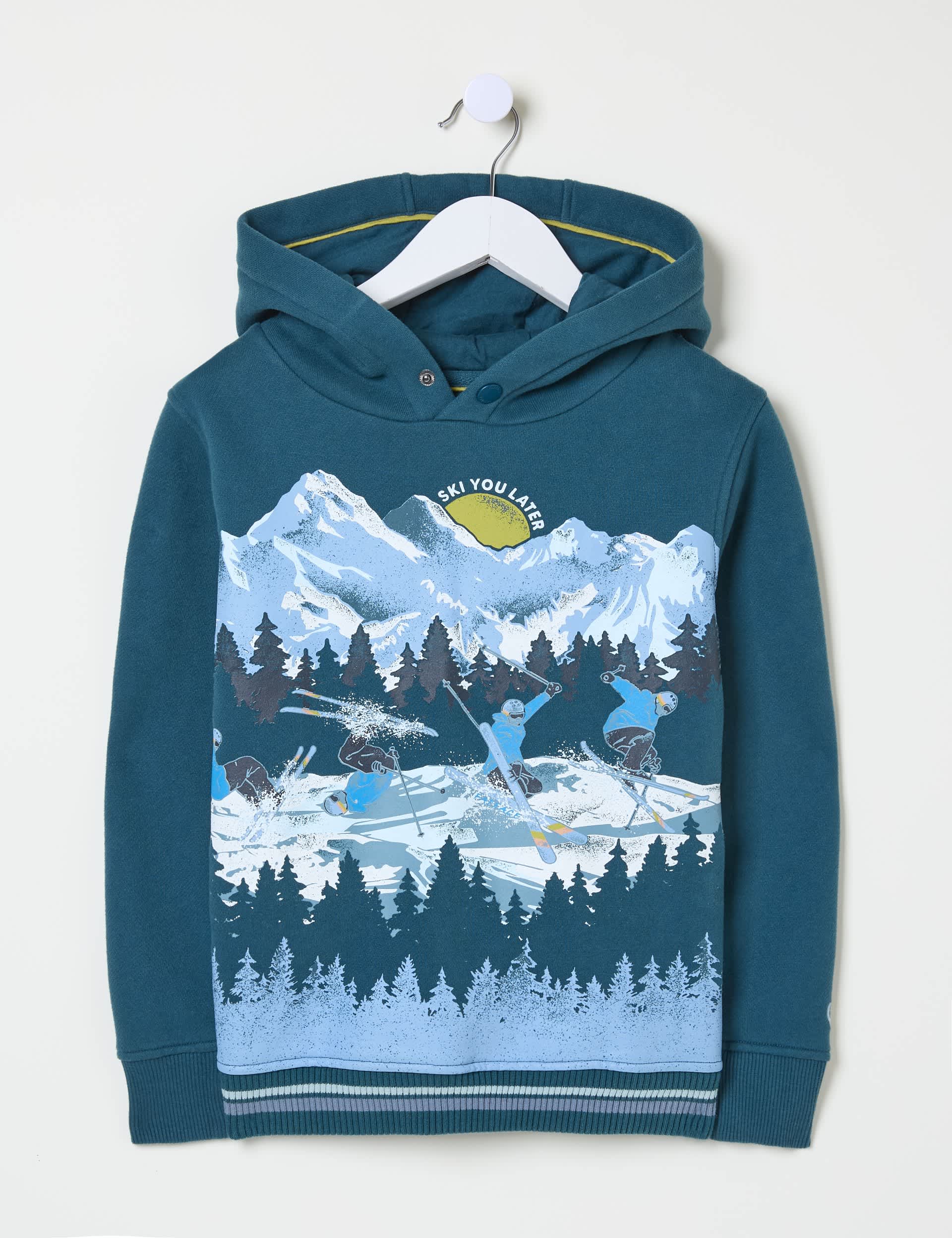 Fatface Boys Cotton Rich Mountain Print Hooded Jumper (3-13 Yrs) - 7-8 Y - Teal Mix, Teal Mix