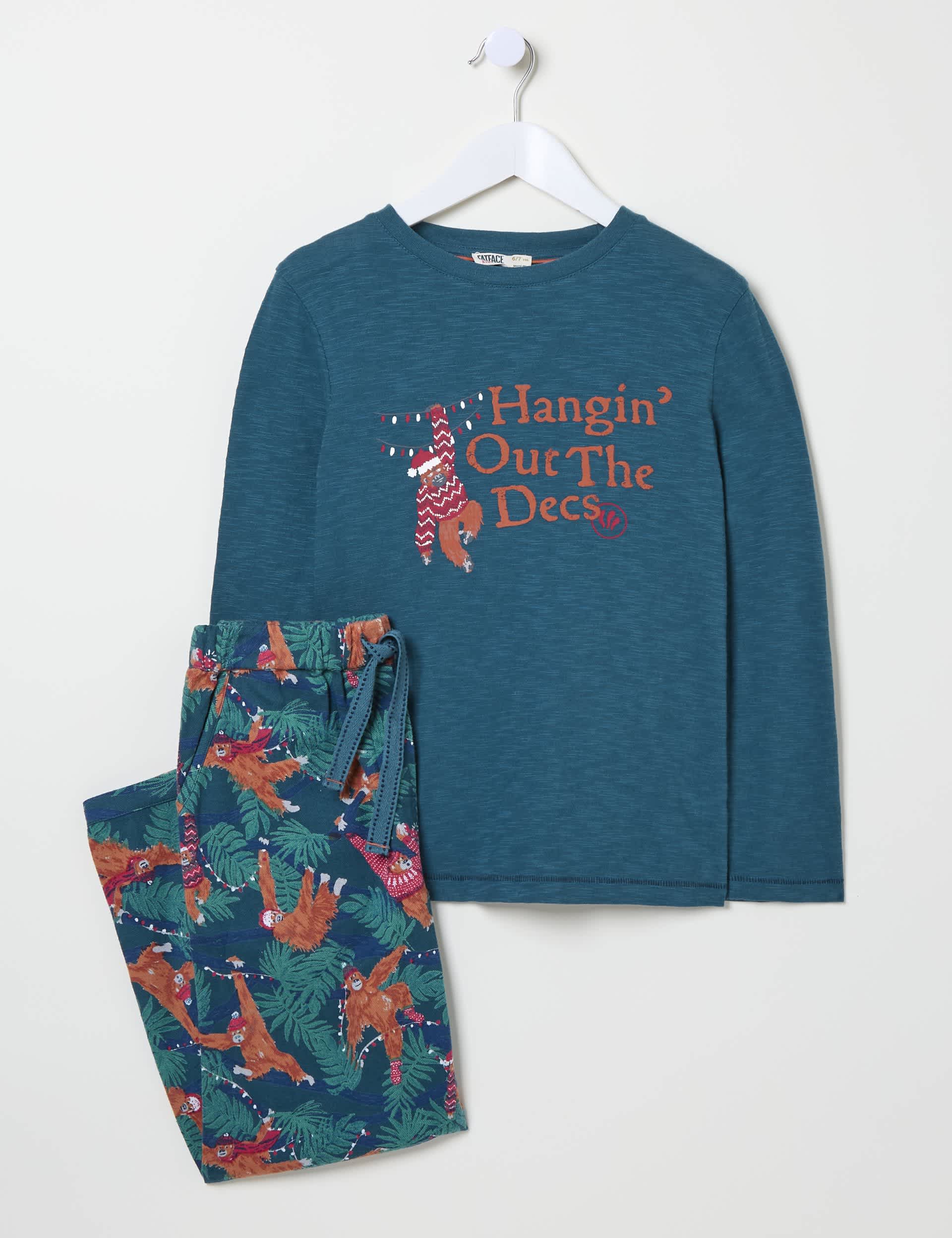 Fatface Boys Pure Cotton Christmas Orangutan Pyjama Set (3-13 Yrs) - 7-8 Y - Teal Mix, Teal Mix