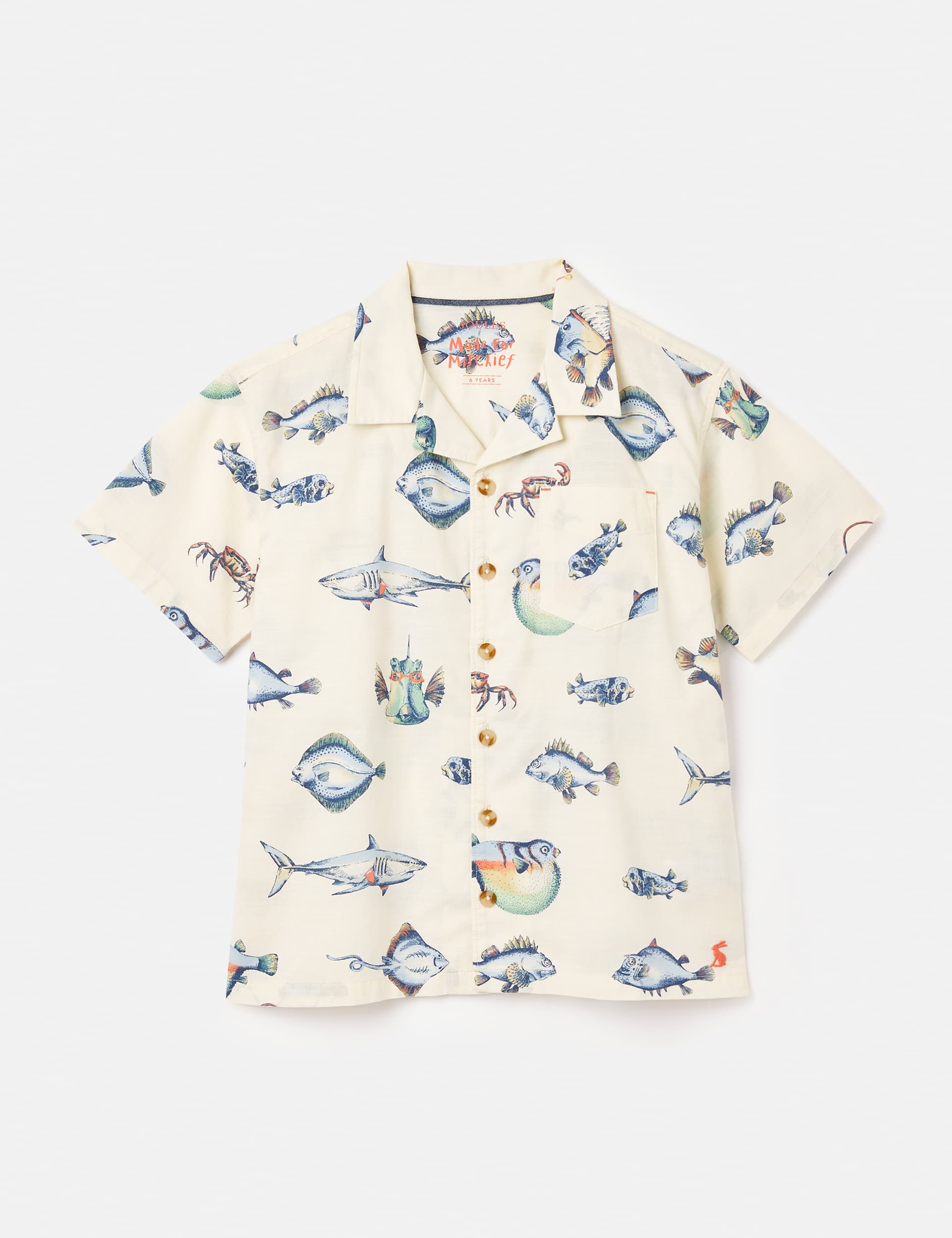 Joules Boys Pure Cotton Fish Print Revere Collar Shirt (2-10 Yrs) - 5y - Cream Mix, Cream Mix