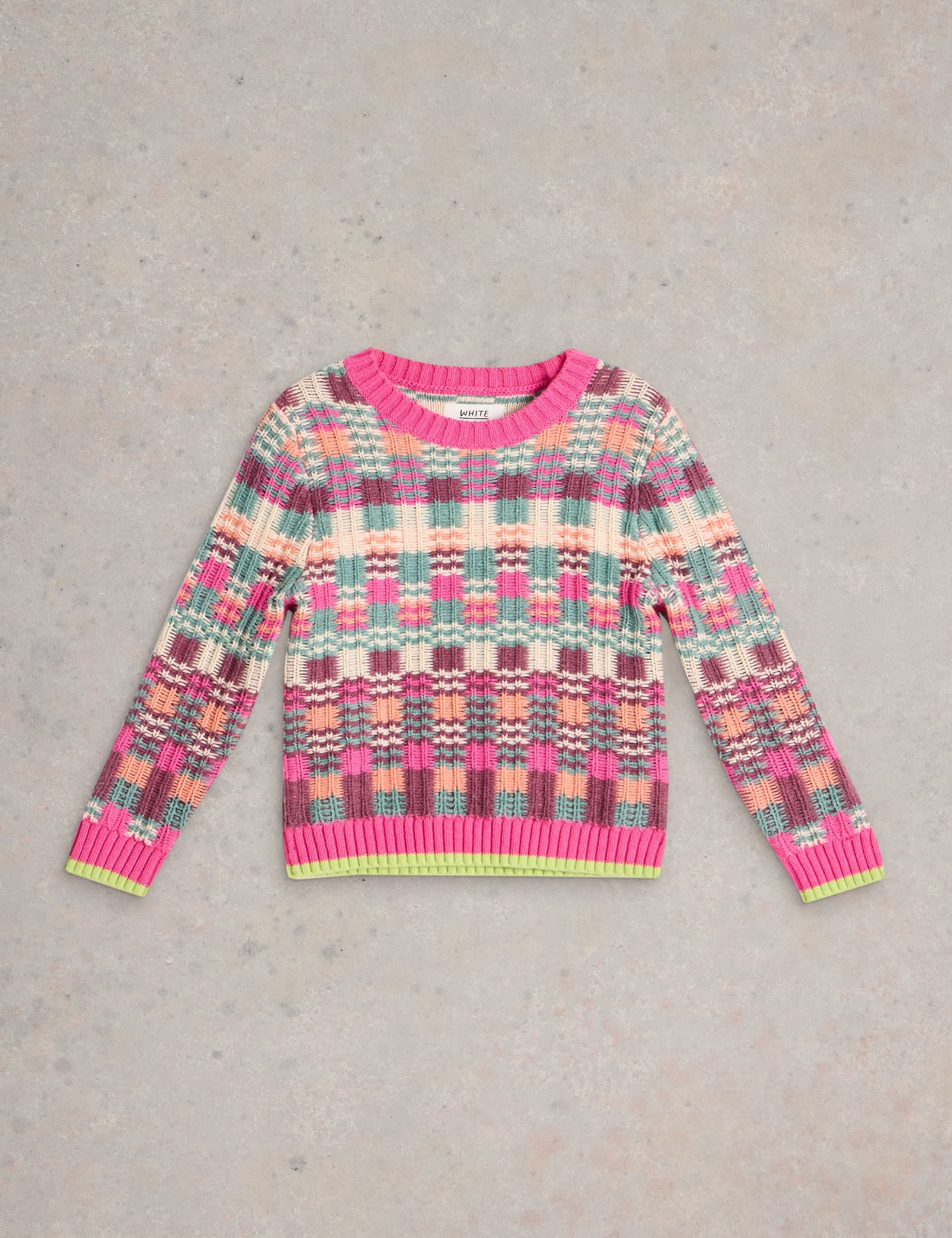 White Stuff Girls Cotton-Rich Checked Jumper (3-10 Yrs) - 9-10Y - Pink Mix, Pink Mix