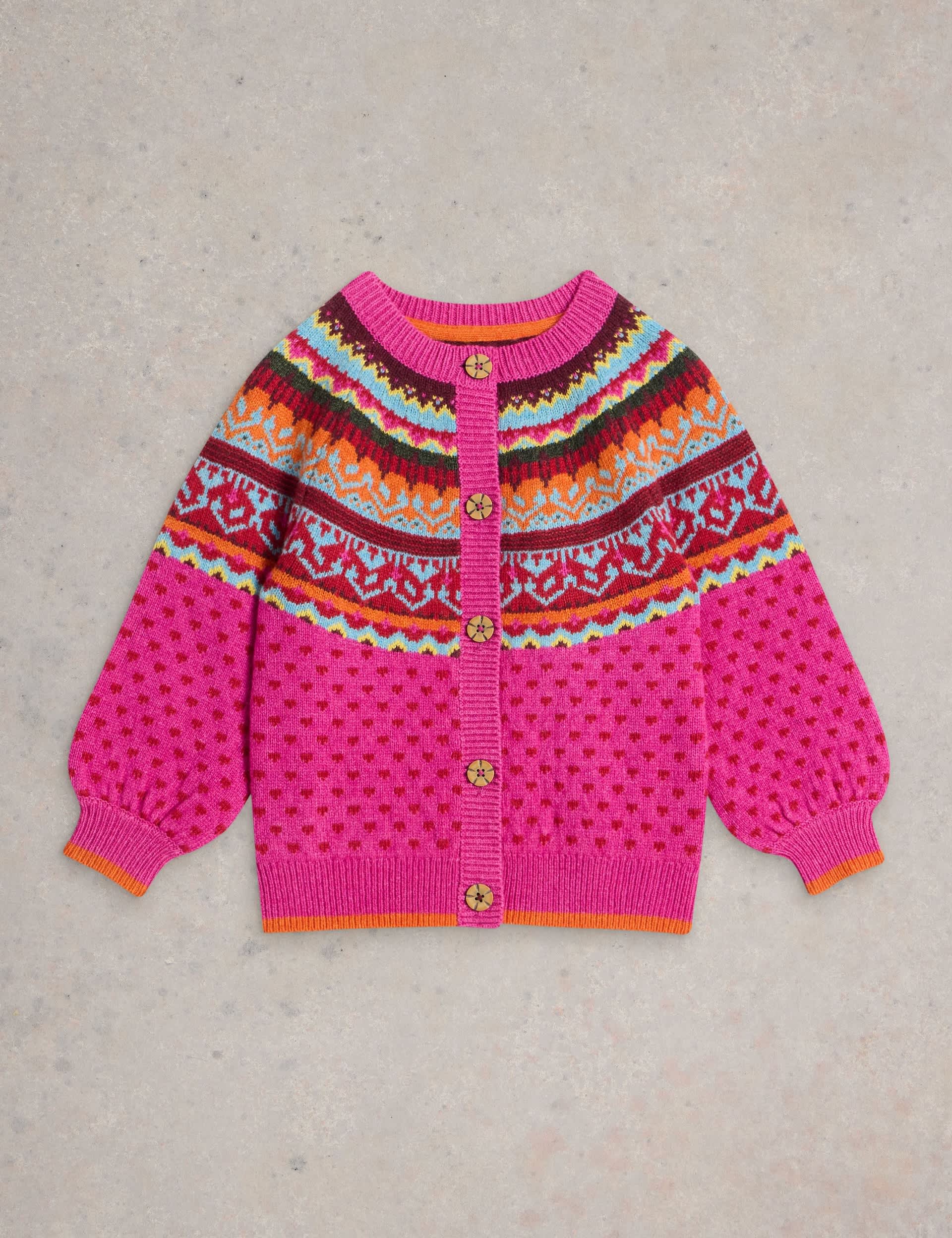 White Stuff Girls Wool Rich Fair Isle Cardigan (3-10 Yrs) - 9-10Y - Pink, Pink