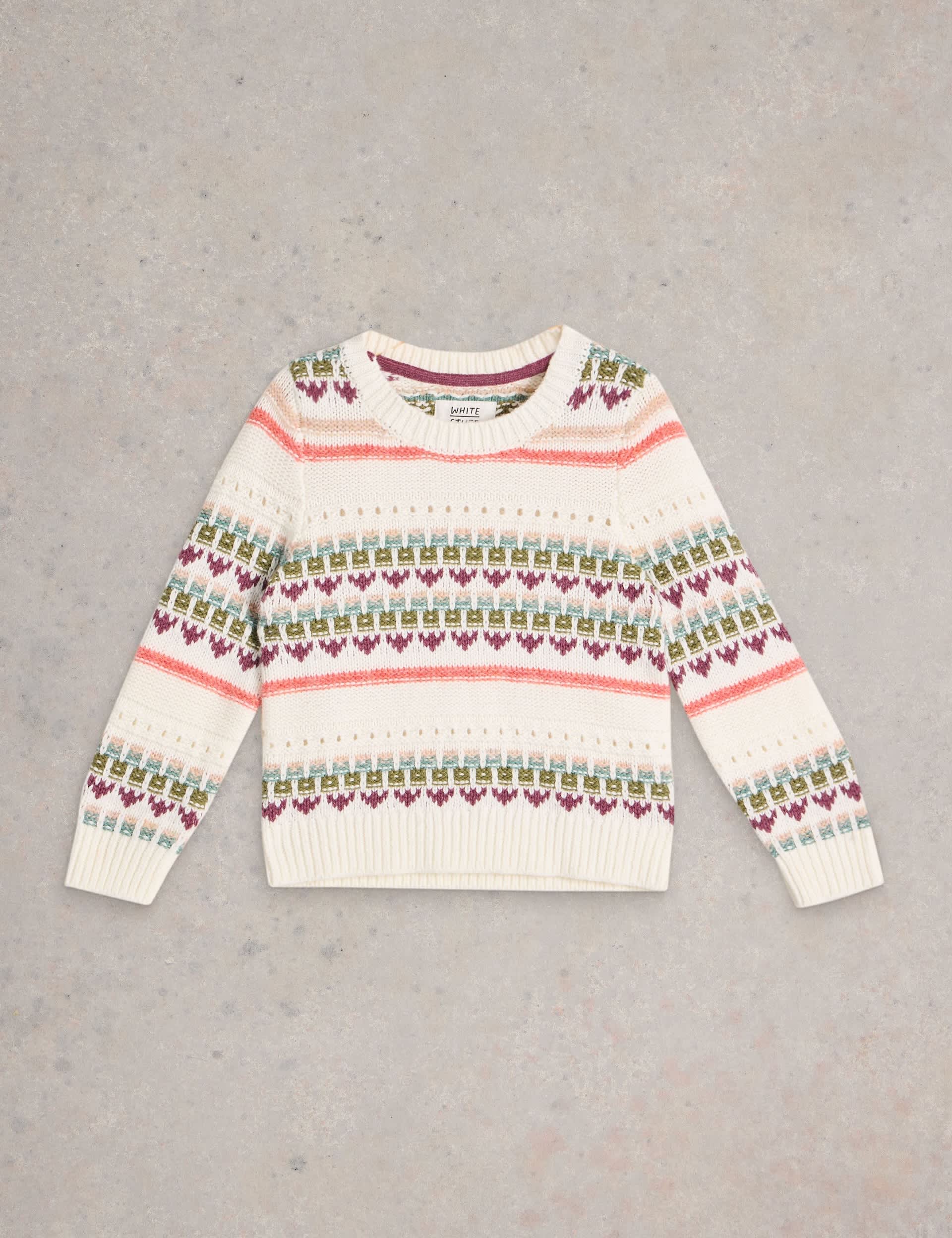 White Stuff Girls Cotton Rich Fair Isle Jumper with Wool (3-10 Yrs) - 9-10Y - Natural Mix, Natural M