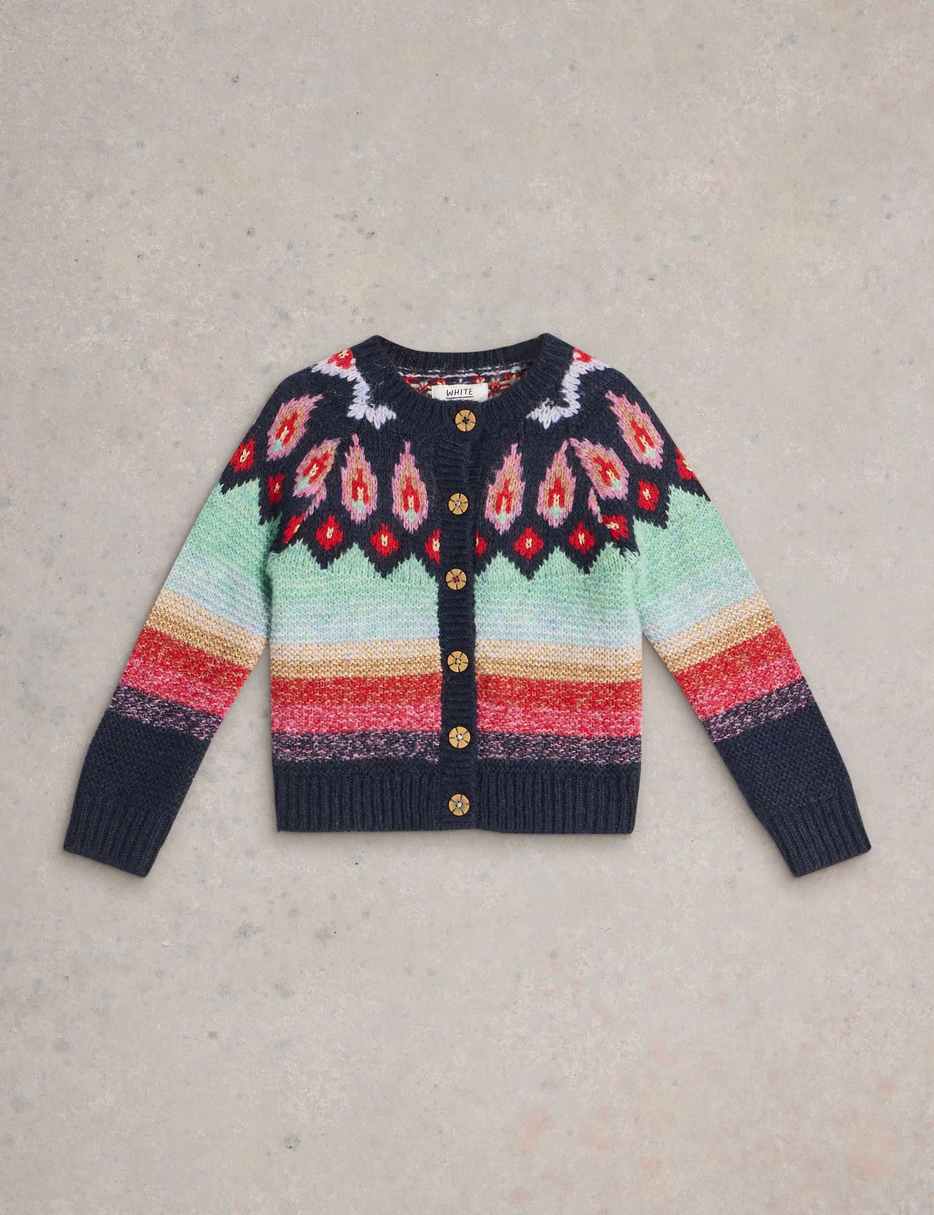 White Stuff Girls Glitter Fair Isle Cardigan (3-10 Yrs) - 7-8 Y - Navy Mix, Navy Mix