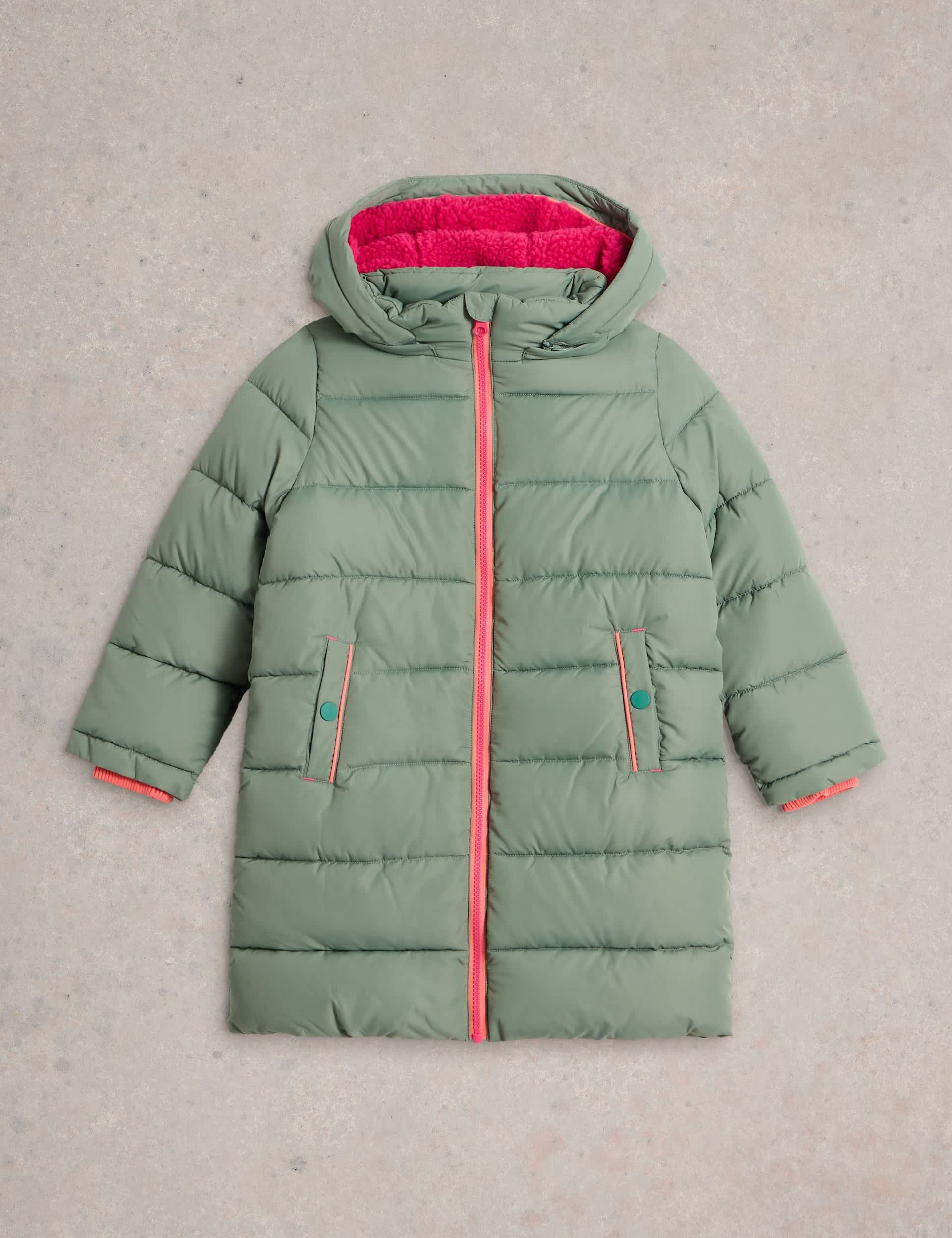 White Stuff Girls Hooded Padded Longline Jacket (3-10 Yrs) - 7-8 Y - Green, Green