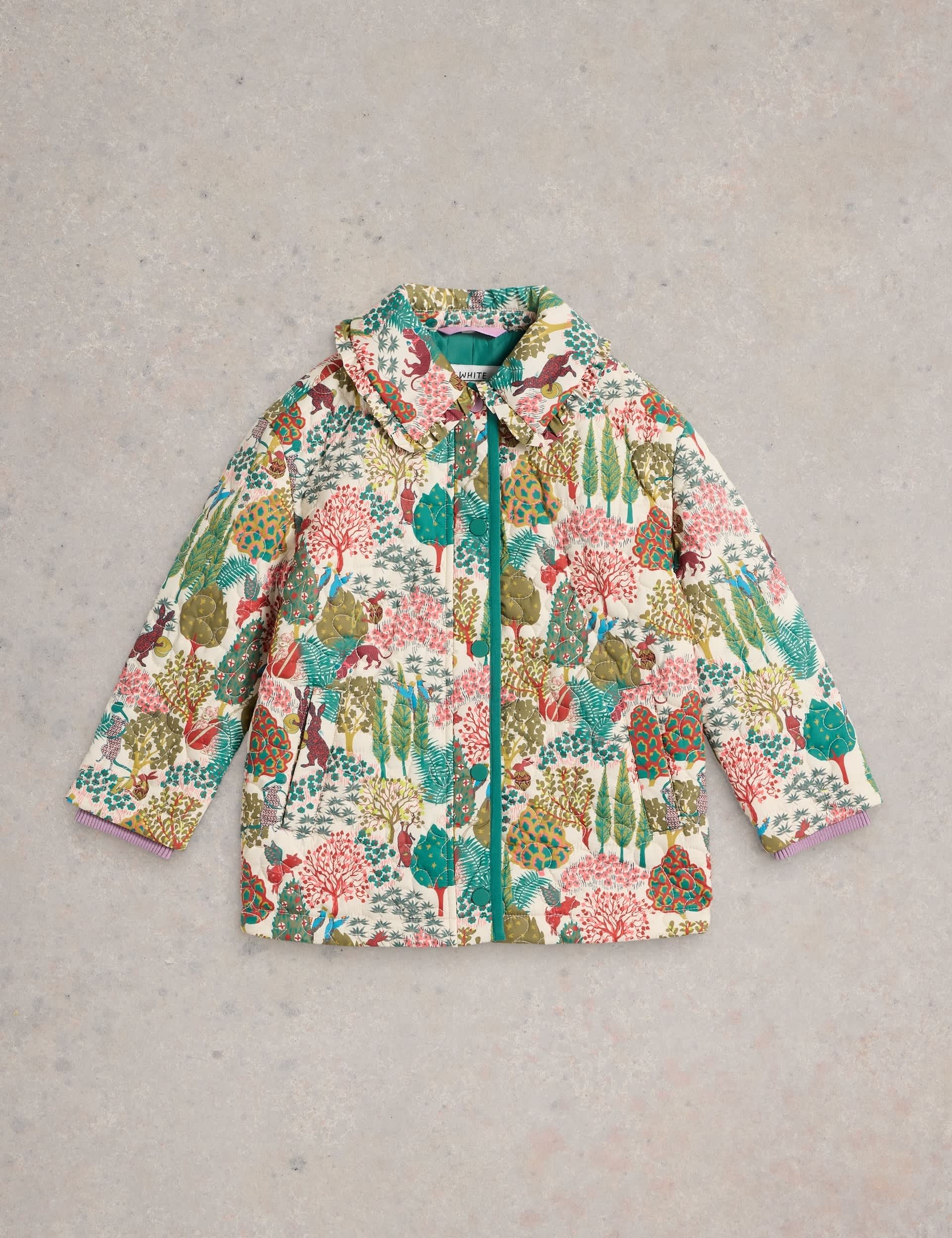 White Stuff Girls Woodland Print Padded Quilted Coat (3-10 Yrs) - 7-8 Y - Natural Mix, Natural Mix