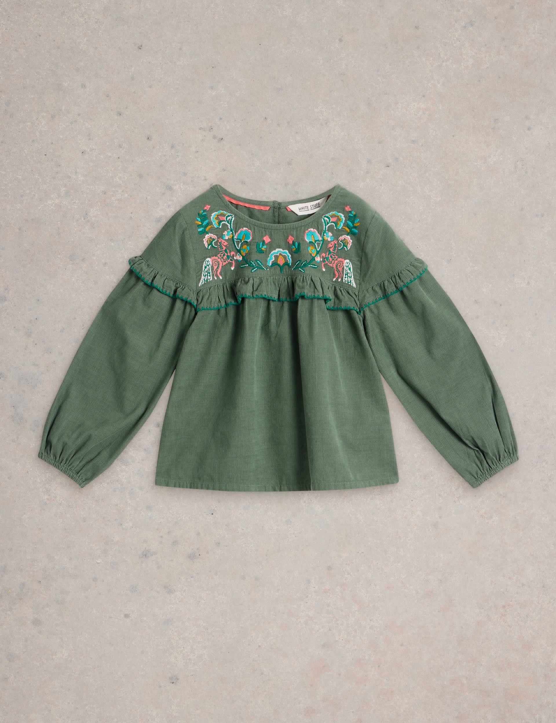 White Stuff Girls Pure Cotton Cord Embroidered Top (3-10 Yrs) - 7-8 Y - Teal, Teal