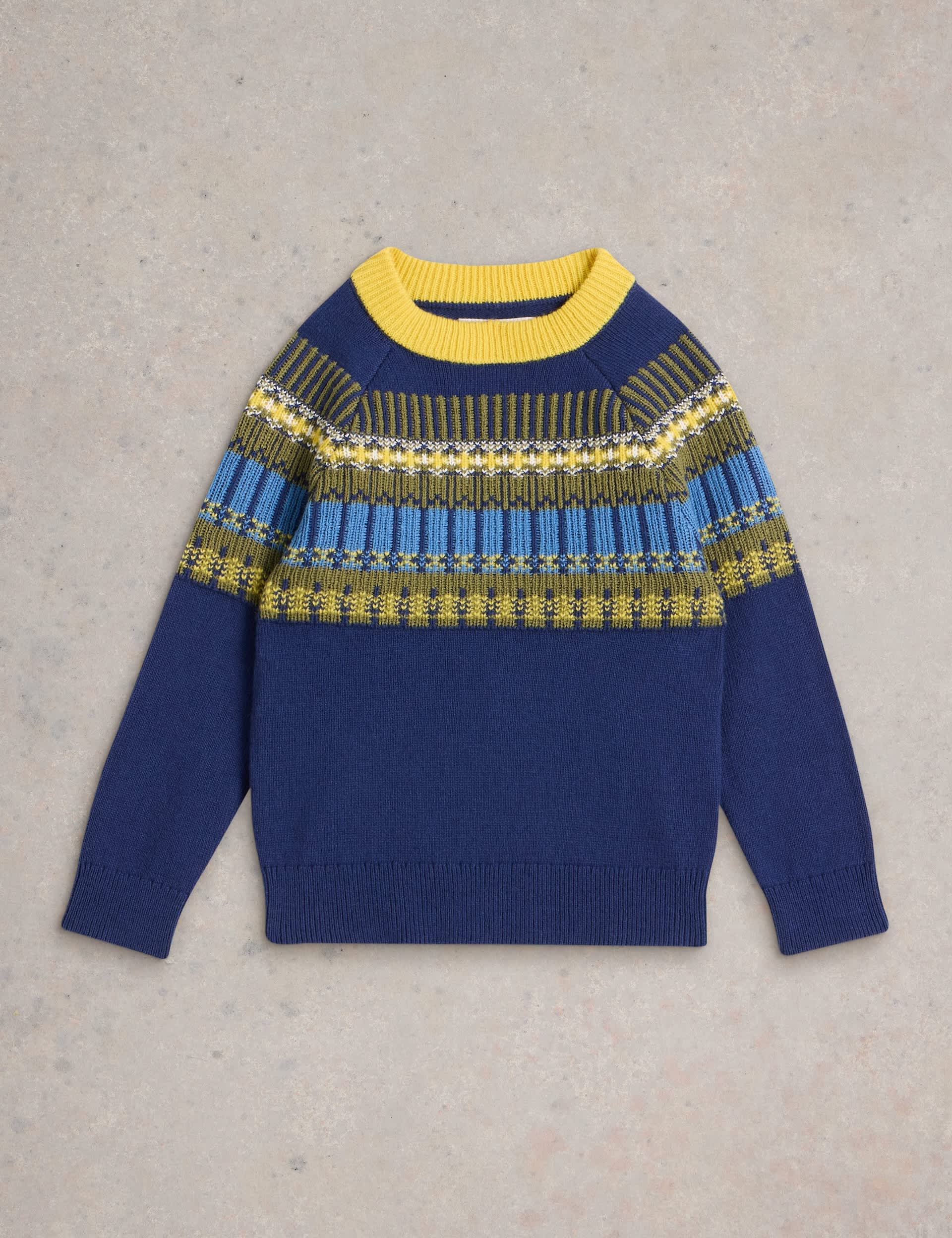 White Stuff Boys Cotton Rich Fair Isle Yoke Jumper with Wool (3-10 Yrs) - 7-8 Y - Navy, Navy