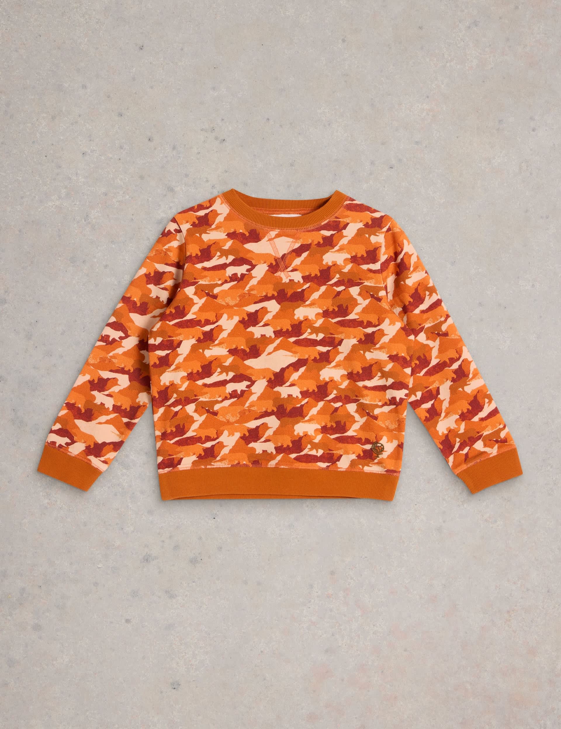 White Stuff Boys Pure Cotton Bear Camouflage Sweatshirt (3-10 Yrs) - 7-8 Y - Orange Mix, Orange Mix