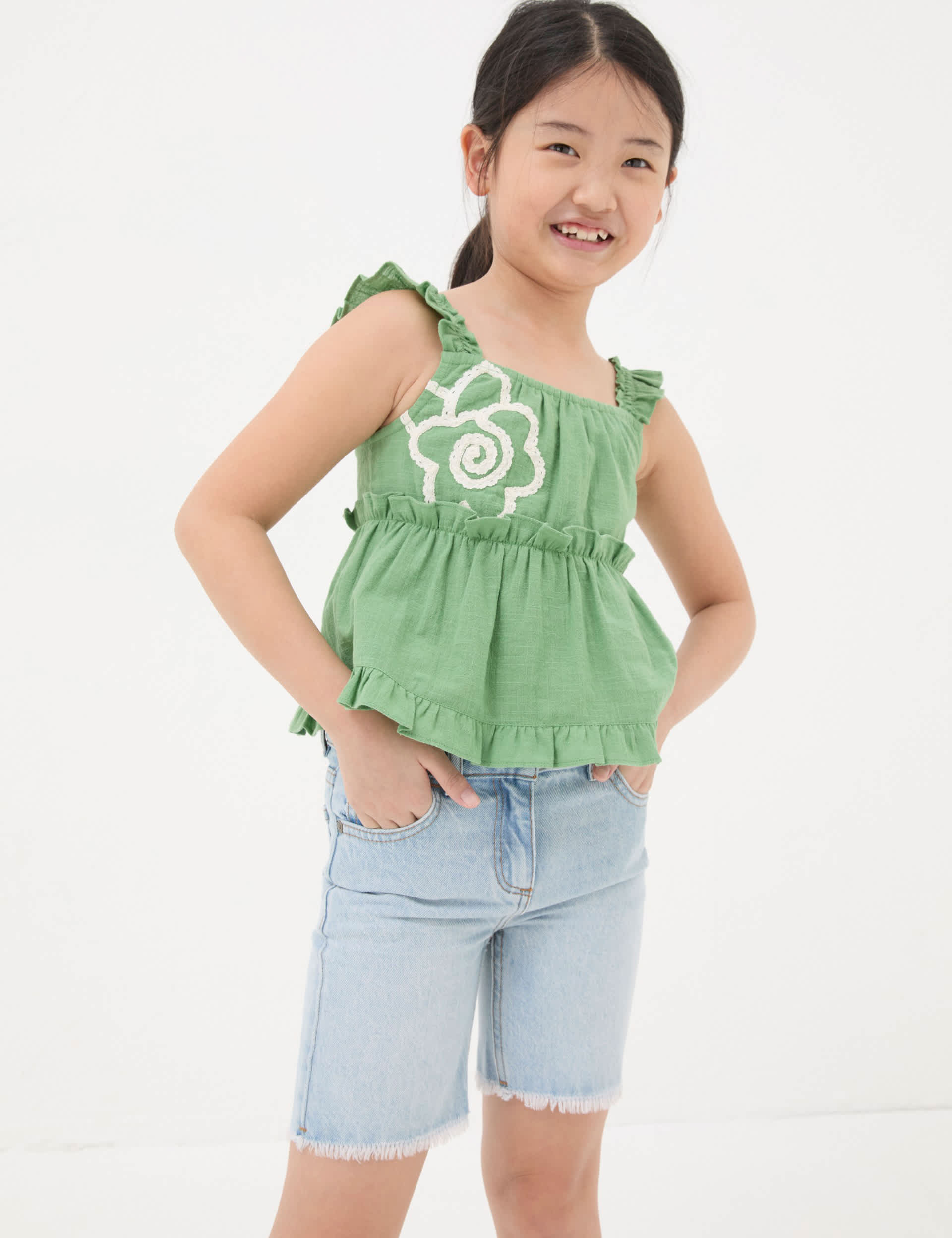 Fatface Girls Pure Cotton Flower Embroidered Top (3-13 Yrs) - 7-8 Y - Green Mix, Green Mix