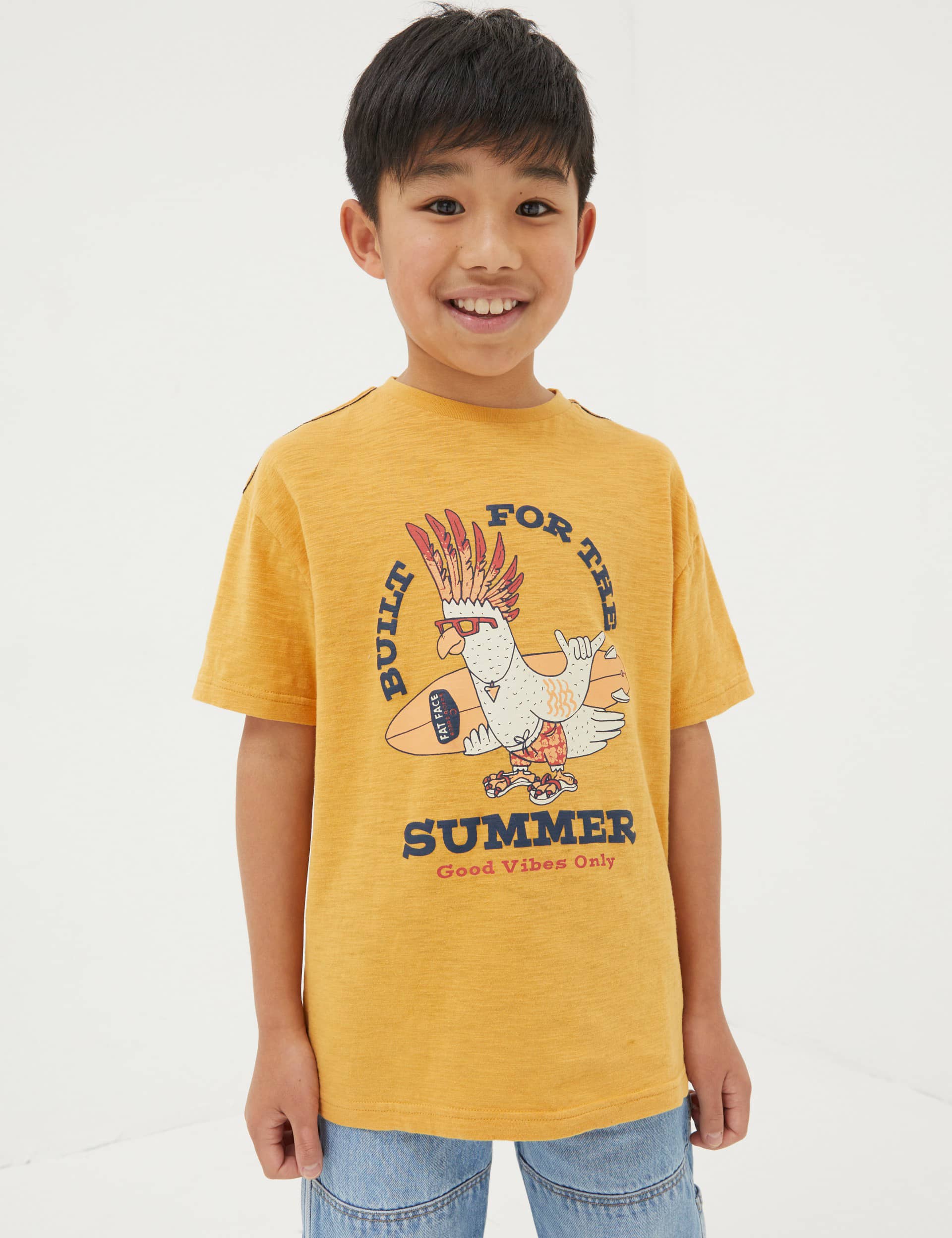 Fatface Boys Pure Cotton Slogan T-Shirt (3-13 Yrs) - 5-6 Y - Yellow Mix, Yellow Mix